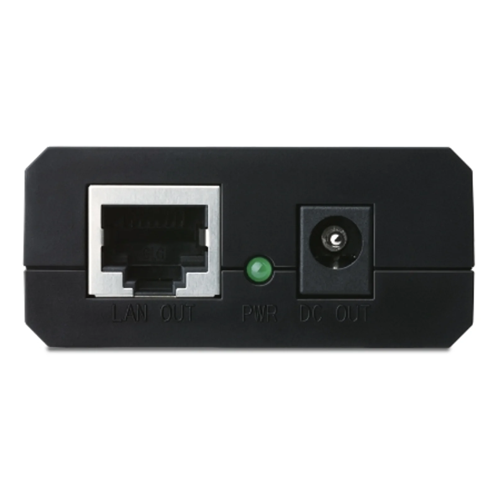 Gros plan du panneau de sortie du TL-POE10R avec ports LAN OUT et DC OUT et voyant PWR étiquetés