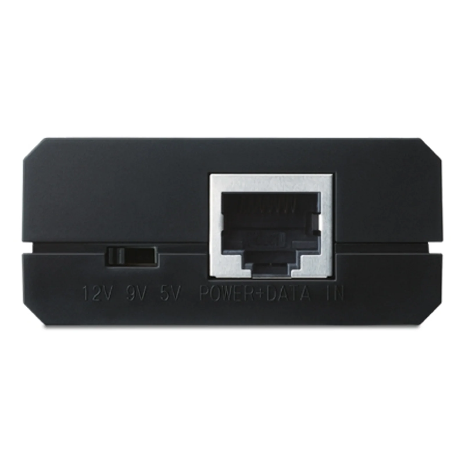 Panneau d'entrée du TL-POE10R avec port POWER+DATA IN et sélecteur de tension 12V, 9V, 5V