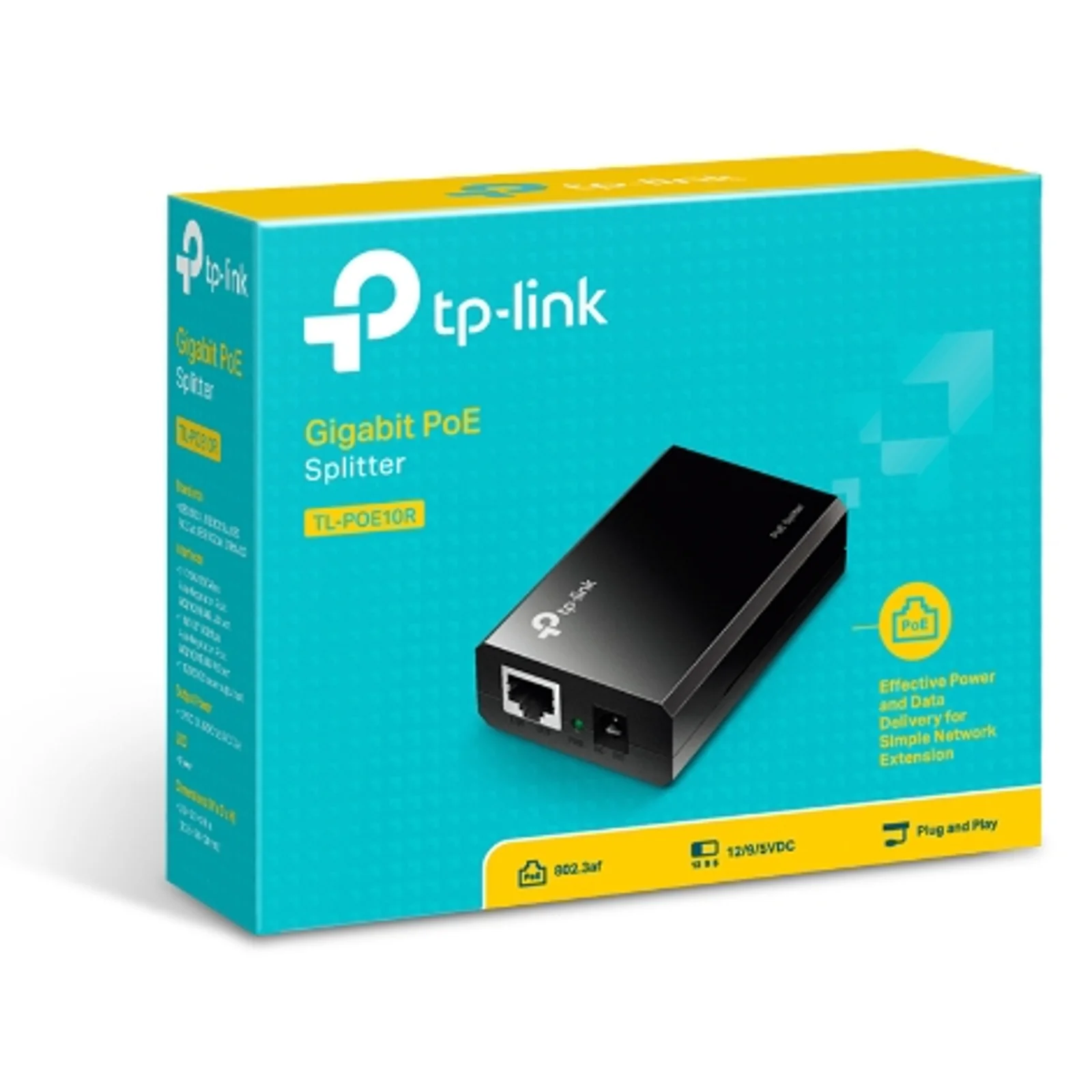 Boîte de vente du TP-Link TL-POE10R Gigabit PoE Splitter avec mentions 802.3af, 12/9/5VDC et Plug and Play