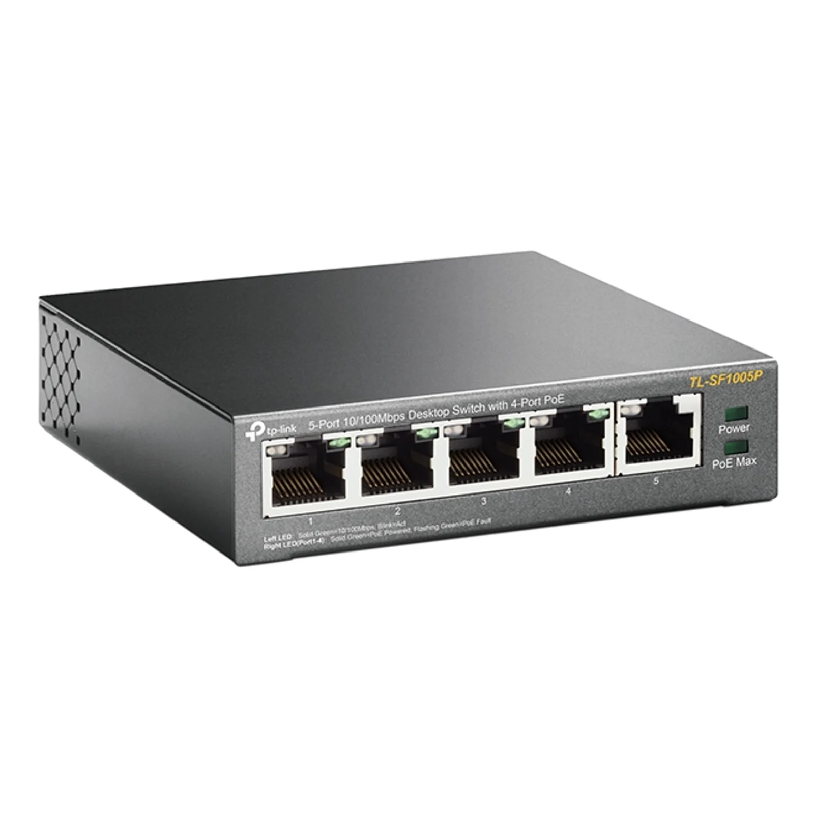 TP-Link TL-SF1005P vue 3/4 depuis la gauche, angle montrant la façade avec les 5 ports et la surface supérieure aérée