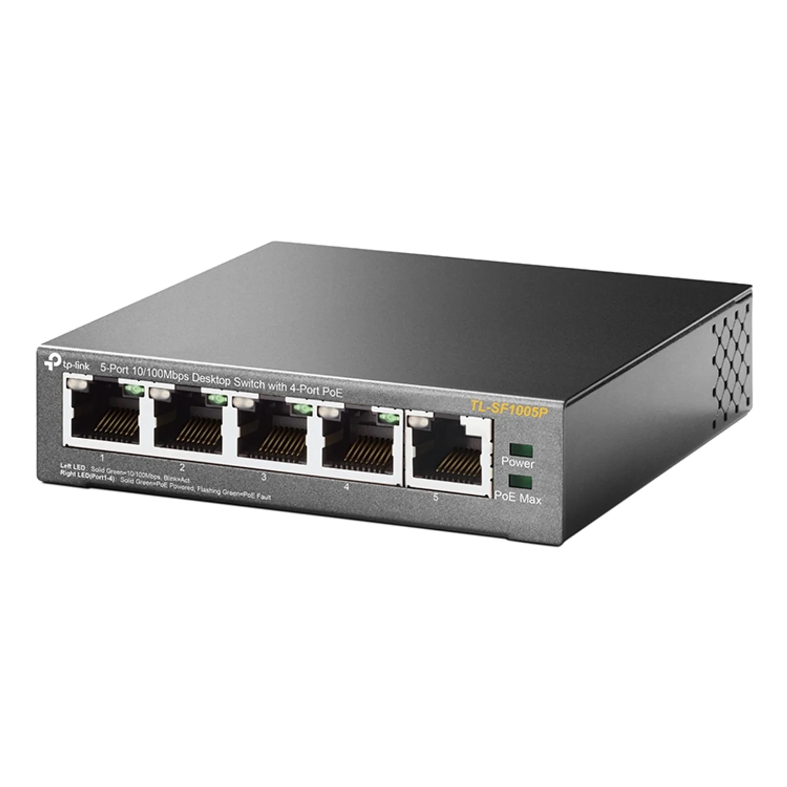 TP-Link TL-SF1005P vue 3/4 depuis la droite, grilles de ventilation latérales visibles, 5 ports RJ45 en façade