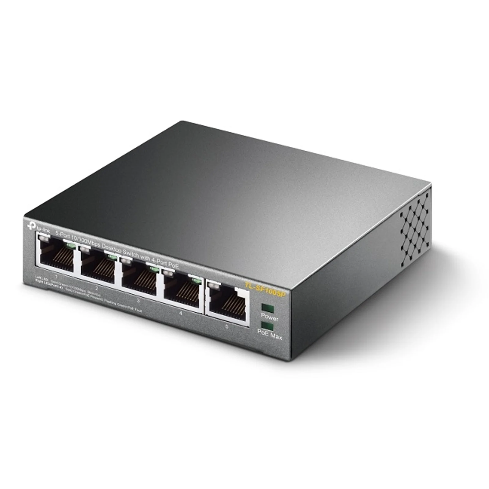 TP-Link TL-SF1005P vue 3/4 gauche, voyant Power allumé en vert, indicateur PoE Max visible sur le panneau droit