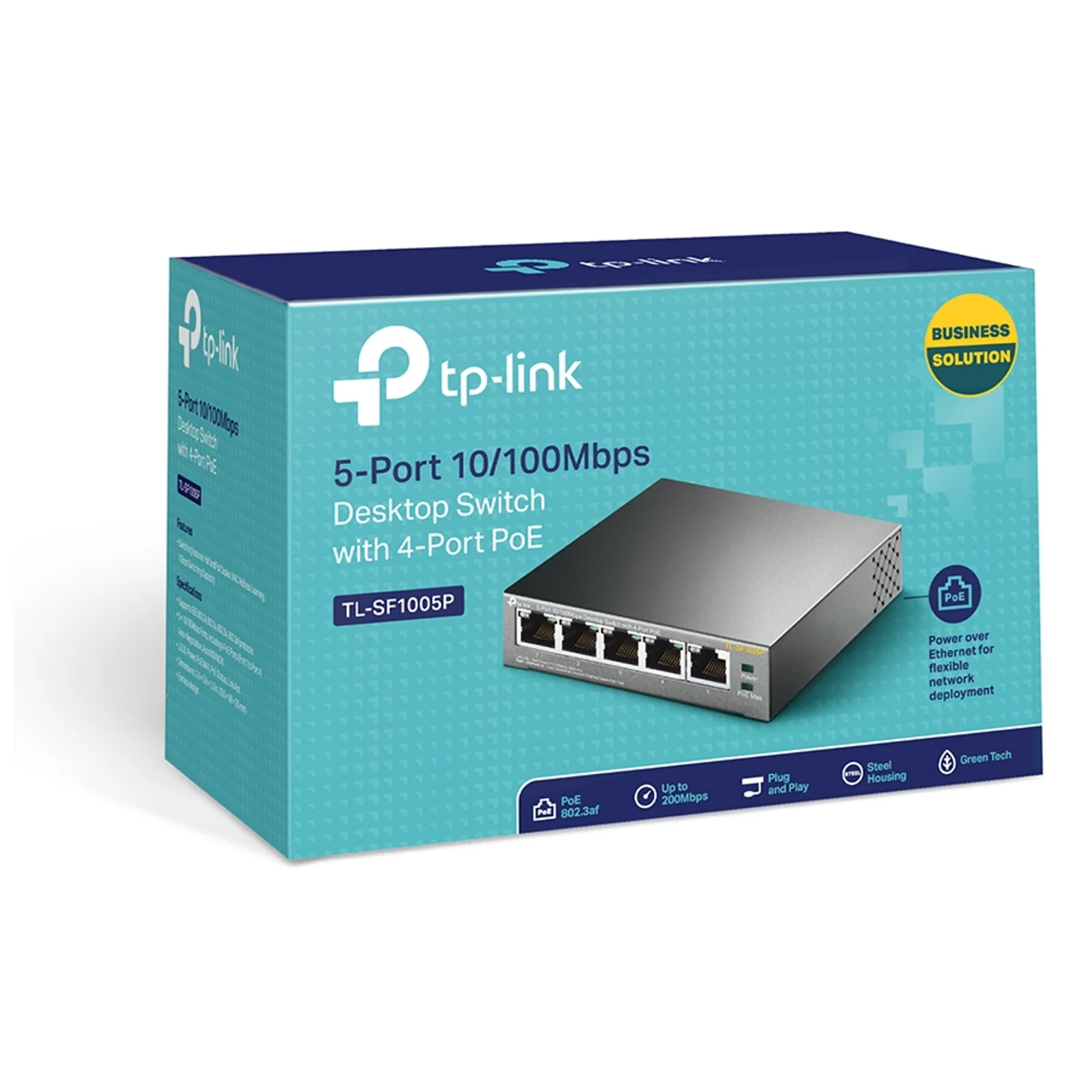 Boîte de vente du TP-Link TL-SF1005P, packaging turquoise Business Solution, icônes PoE 802.3af, Steel Housing et plug-and-play