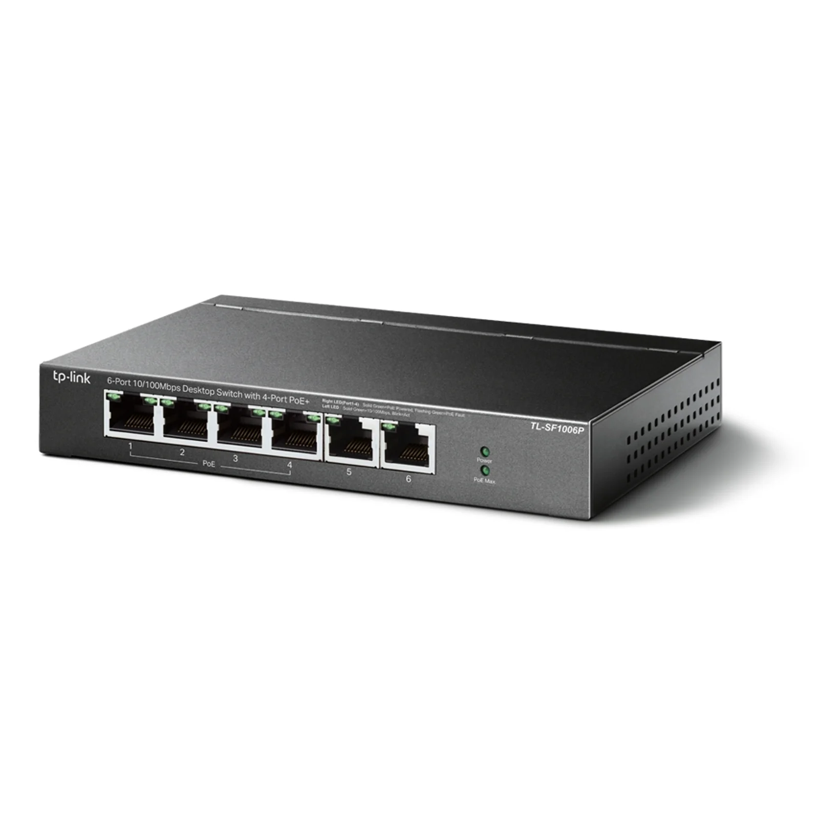 Vue en angle 3/4 du switch TP-Link TL-SF1006P montrant la façade avec 6 ports RJ45 et les rainures de ventilation sur le côté droit du châssis métal
