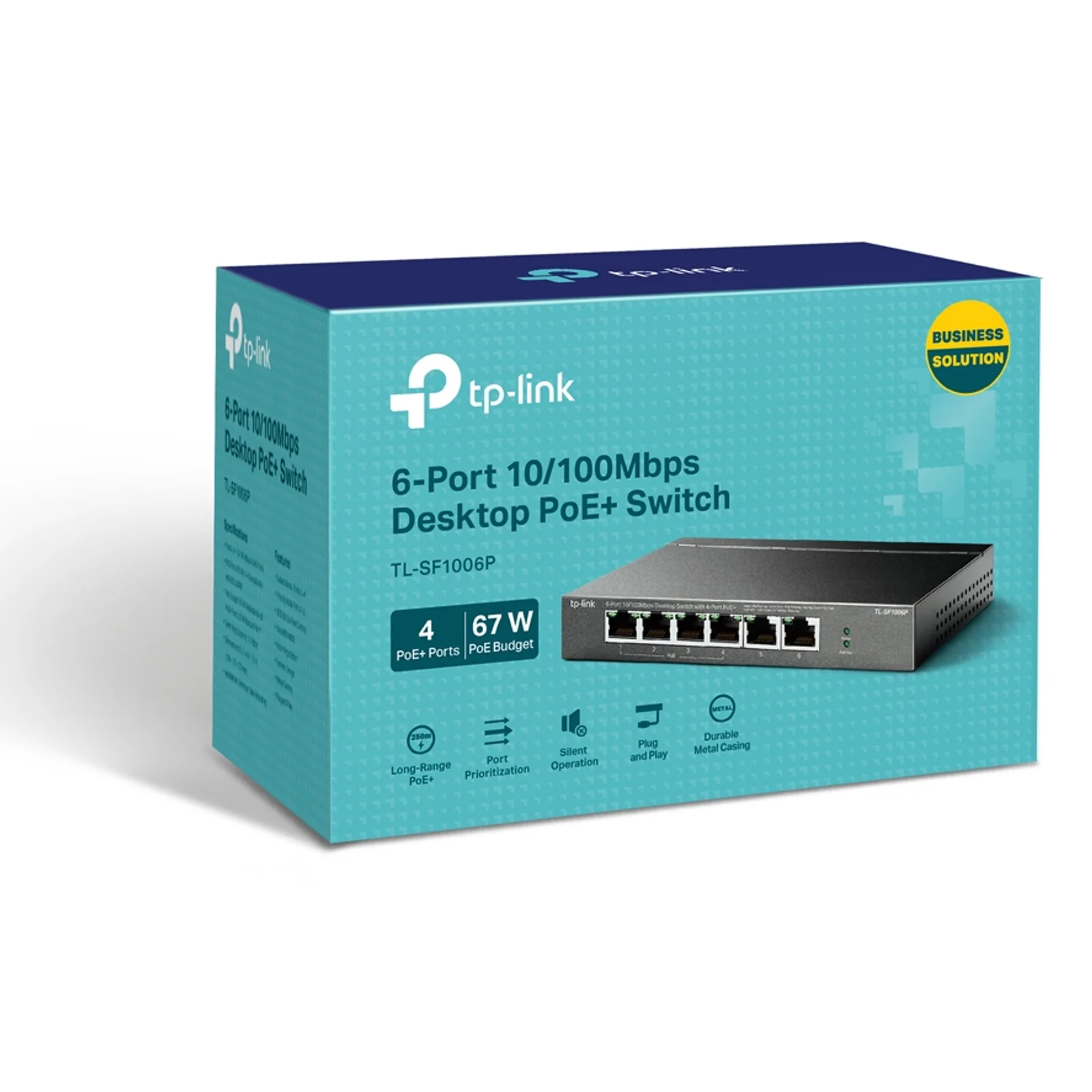 Boîte produit TP-Link TL-SF1006P sur fond bleu, avec mentions 4 ports PoE+ et 67 W de budget PoE, badge Business Solution et pictogrammes Long-Range PoE+, opération silencieuse et boîtier métal