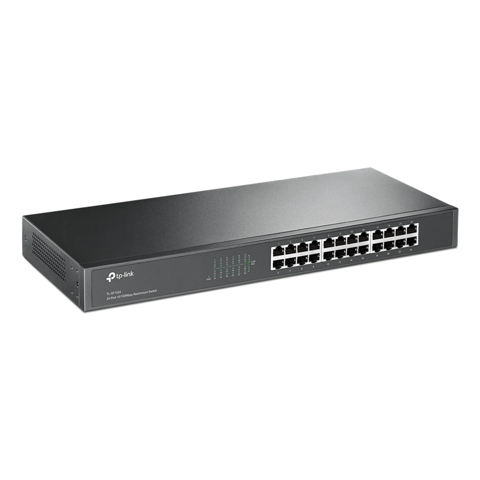 Vue trois quarts avant droite du switch rack TP-Link TL-SF1024, montrant le panneau gauche avec fentes de ventilation et les 24 ports RJ45.
