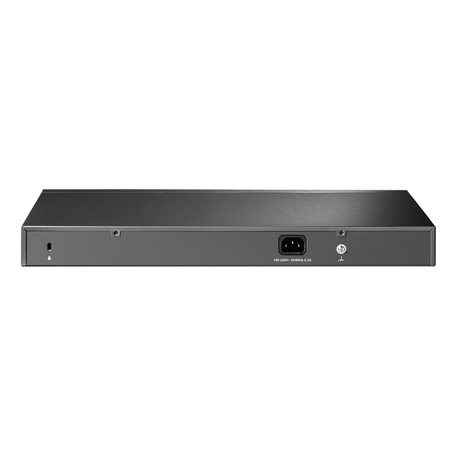 Face arrière du switch TP-Link TL-SF1024 avec prise secteur IEC (100-240 V, 50/60 Hz, 0,3 A) sur panneau lisse sans grille de ventilation.