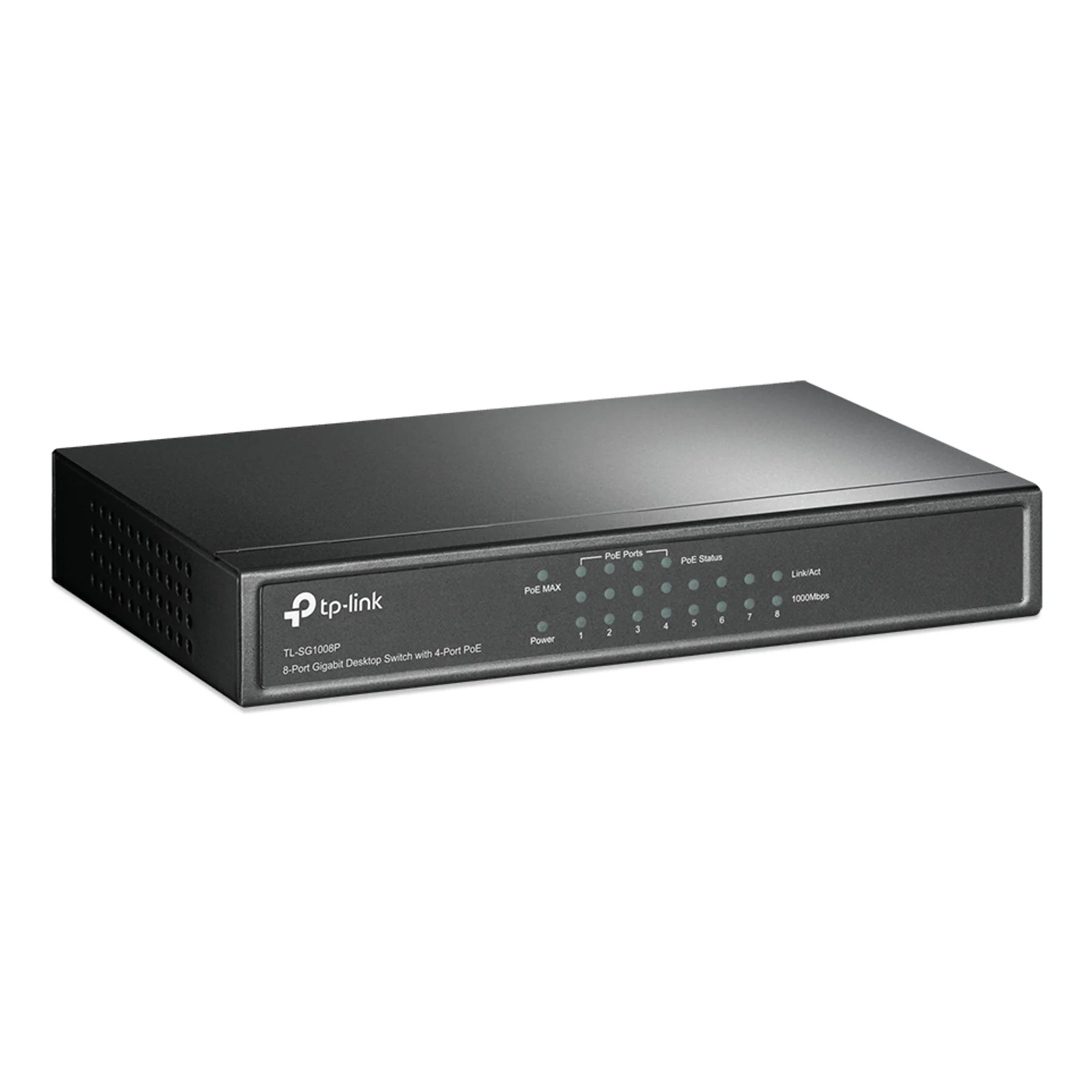 Vue en angle 3/4 du switch TP-Link TL-SG1008P montrant le panneau avant et les LEDs de statut de port