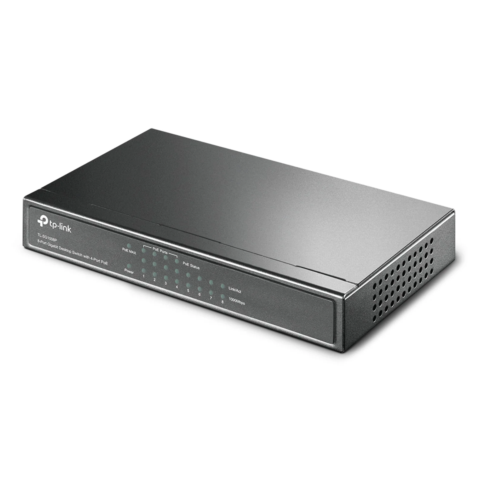 Vue arrière en angle 3/4 du switch TP-Link TL-SG1008P révélant les aérations latérales du boîtier métal