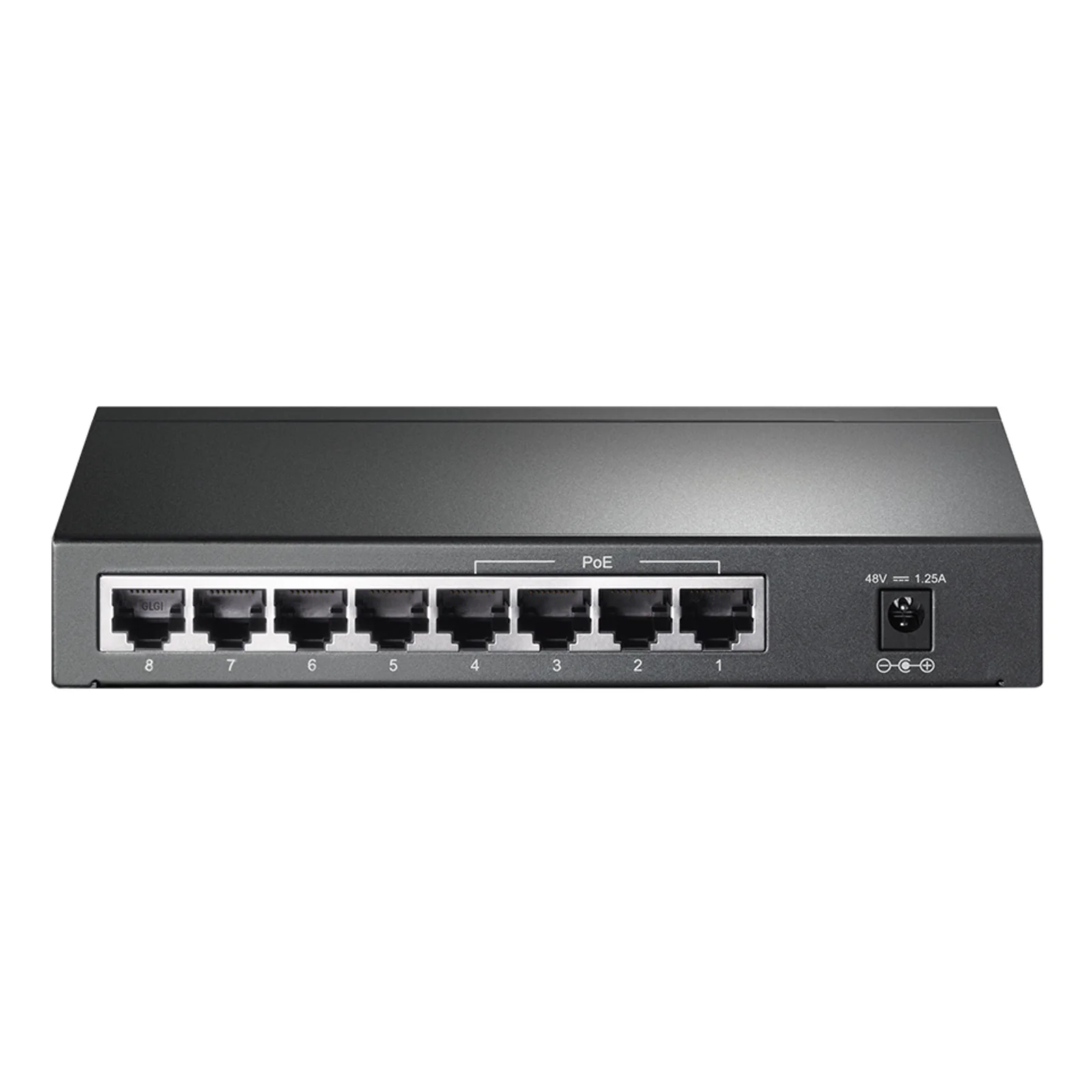 Panneau arrière du switch TP-Link TL-SG1008P avec 8 ports RJ-45 Gigabit dont 4 PoE (ports 1 à 4) et connecteur d'alimentation DC 48 V