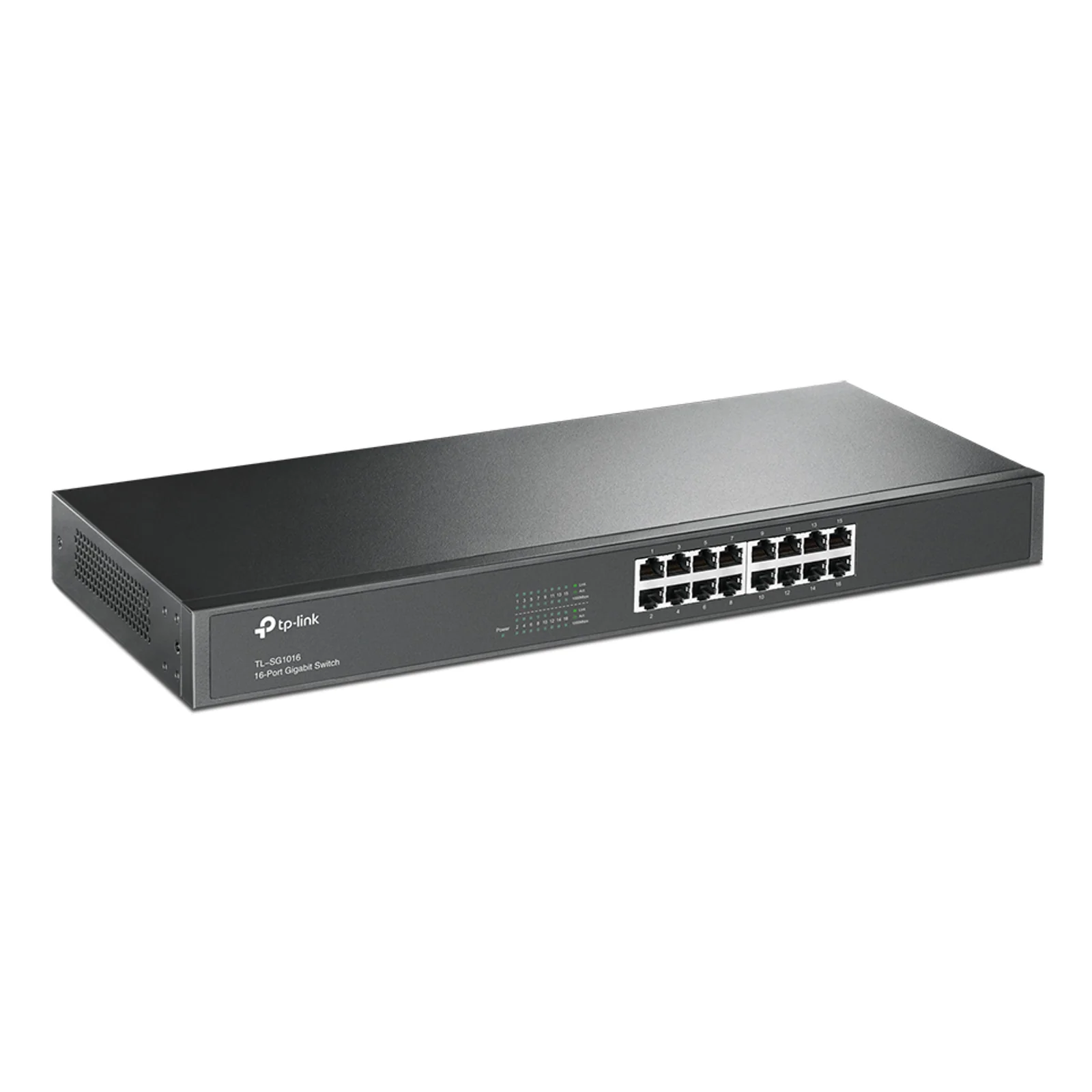 Vue en angle 3/4 du switch TP-Link TL-SG1016 1U rack montrant les 16 ports Gigabit en façade et les aérations sur la face latérale