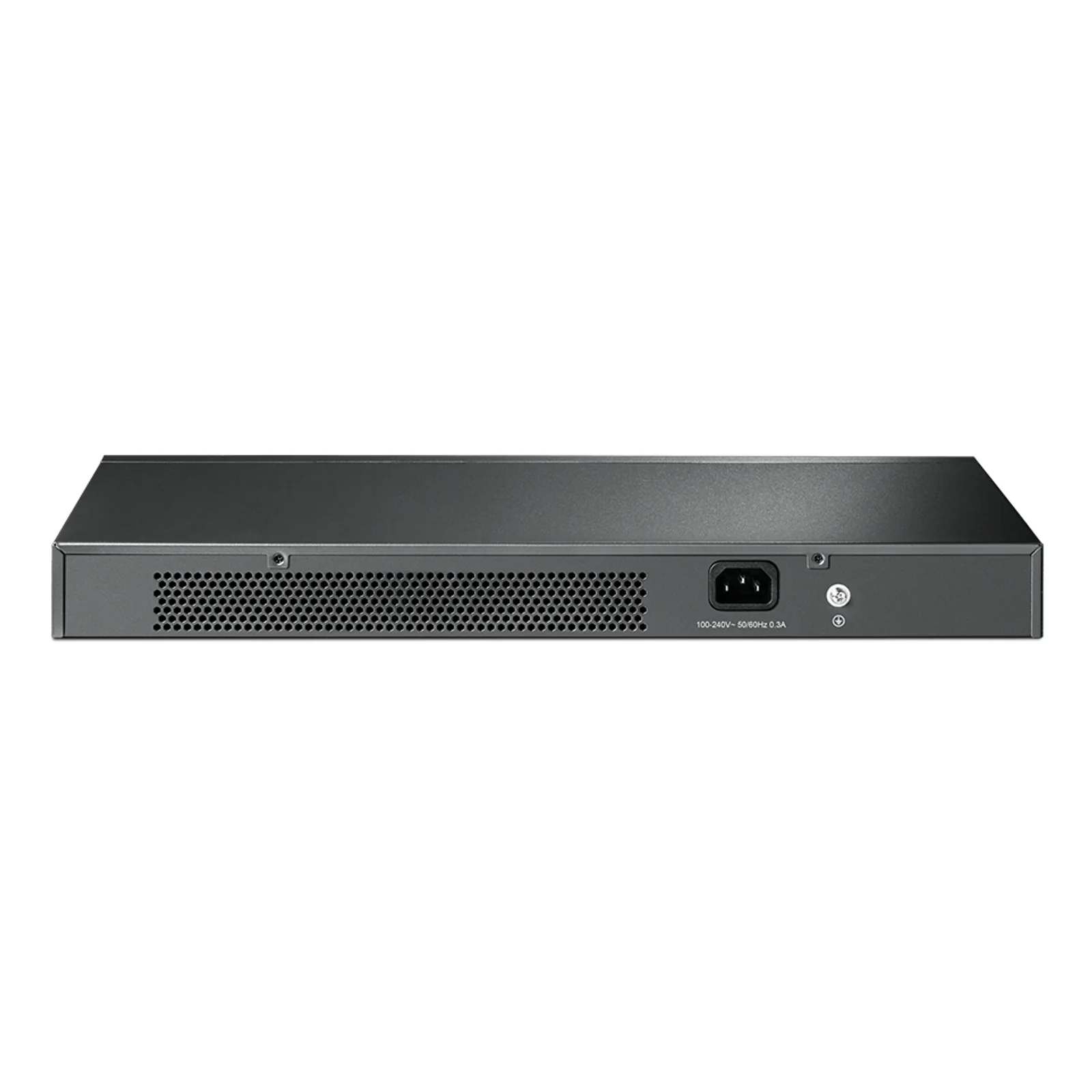 Vue arrière du switch TL-SG1016 présentant les aérations, le connecteur d'alimentation IEC 100-240V 0,3A et la vis de mise à la terre