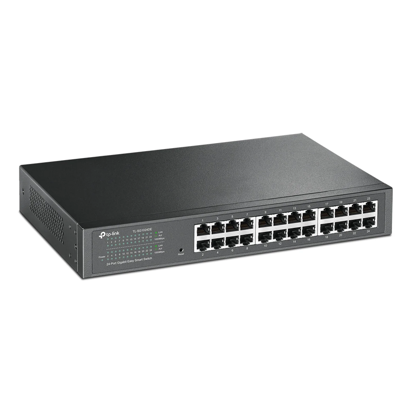 Vue trois quarts avant droite du switch TP-Link TL-SG1024DE, montrant le côté gauche avec fentes de ventilation et les 24 ports Gigabit RJ45.