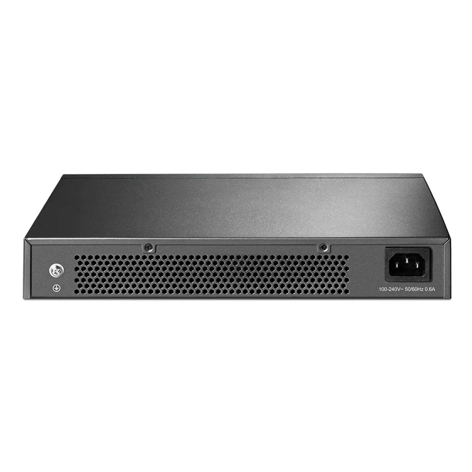 Face arrière du switch TP-Link TL-SG1024DE avec grille de ventilation et prise secteur IEC (100-240 V, 50/60 Hz, 0,6 A).