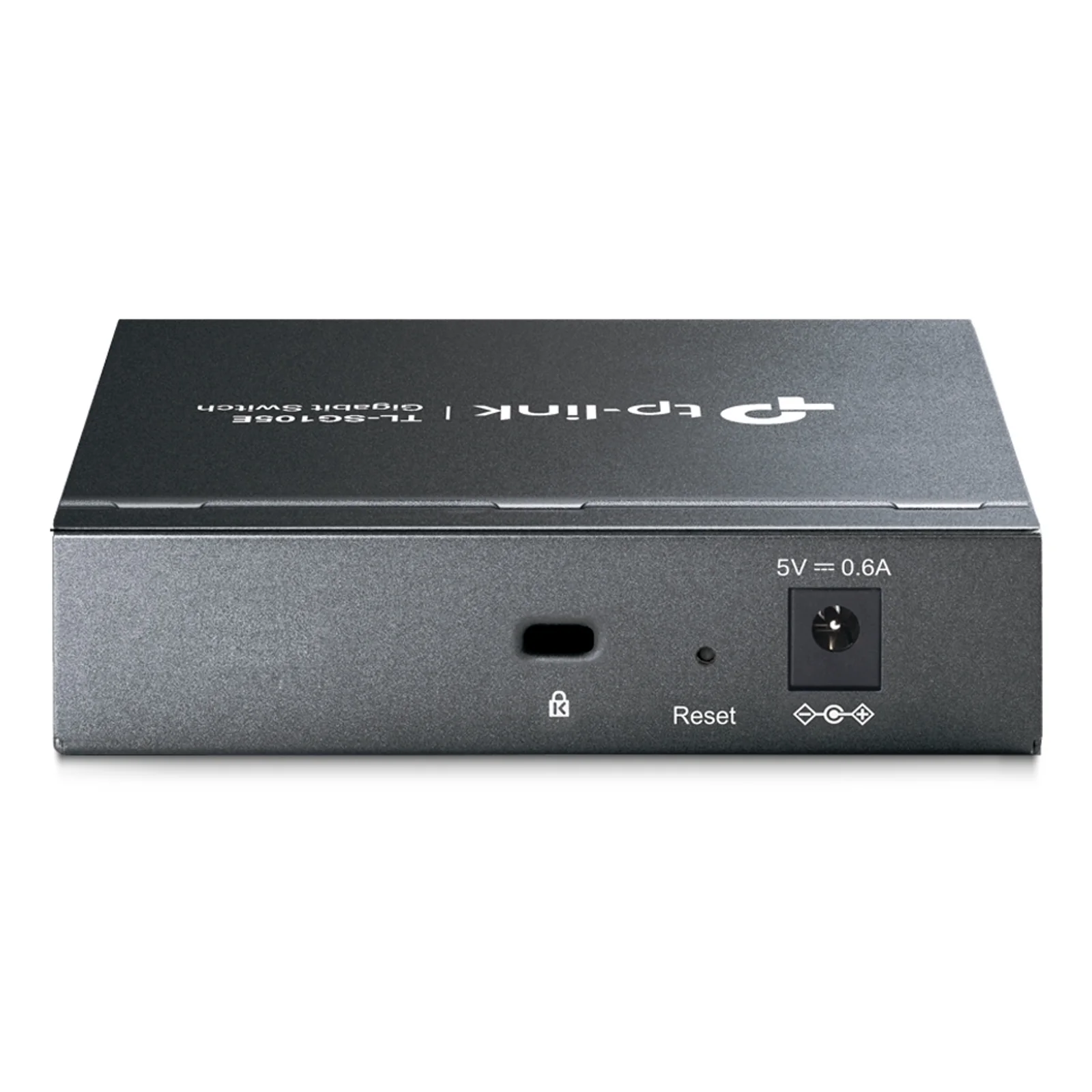 Vue arrière du switch TP-Link TL-SG105E présentant le connecteur d'alimentation 5V 0,6A et le bouton de réinitialisation Reset