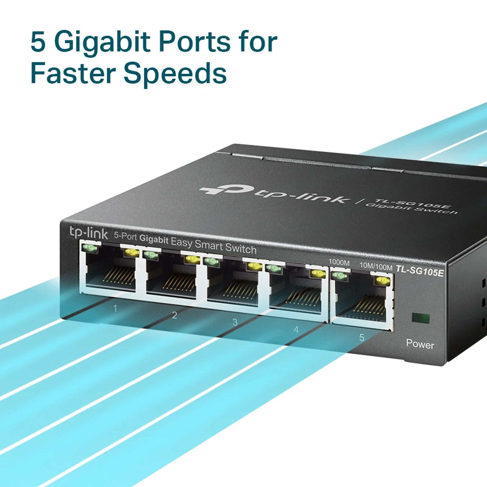 Vue en angle du TL-SG105E avec effet graphique mettant en valeur les 5 ports Gigabit actifs et le texte 5 Gigabit Ports for Faster Speeds