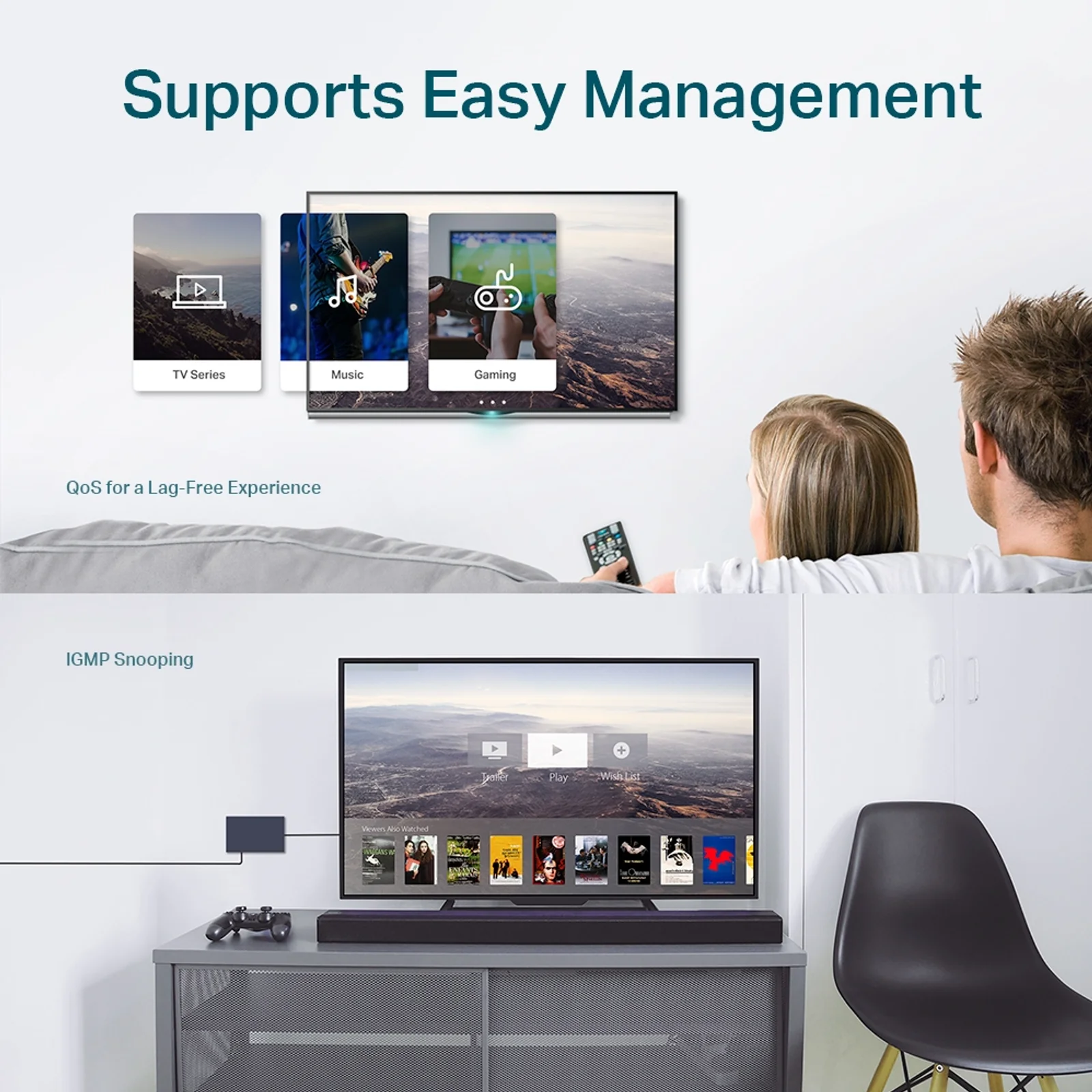 Visuel promotionnel illustrant les fonctions QoS et IGMP Snooping du TL-SG105E dans un contexte multimédia domestique avec TV et console de jeux