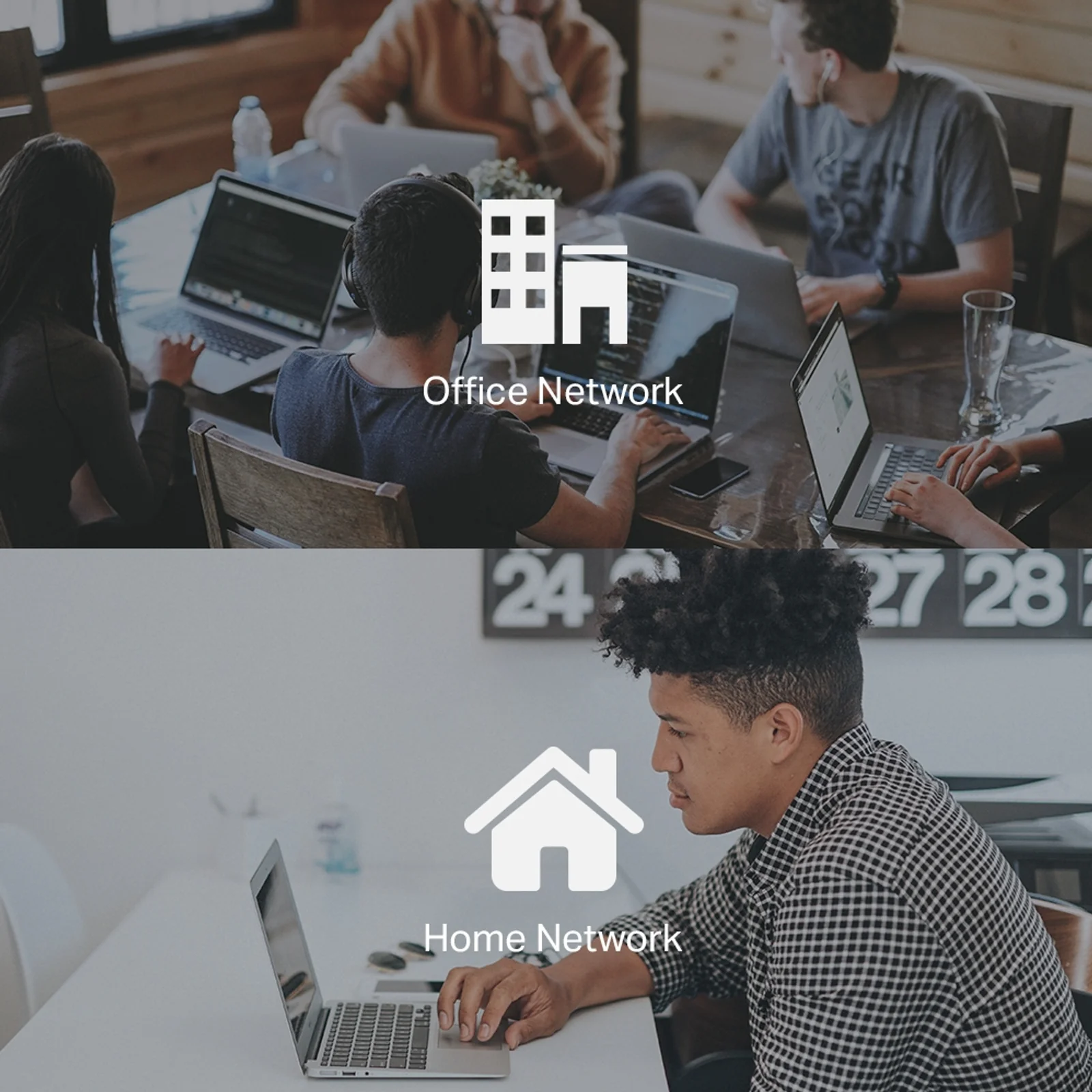 Composition double montrant le TL-SG105E dans deux contextes, réseau de bureau avec équipe de travail et réseau domestique pour particulier