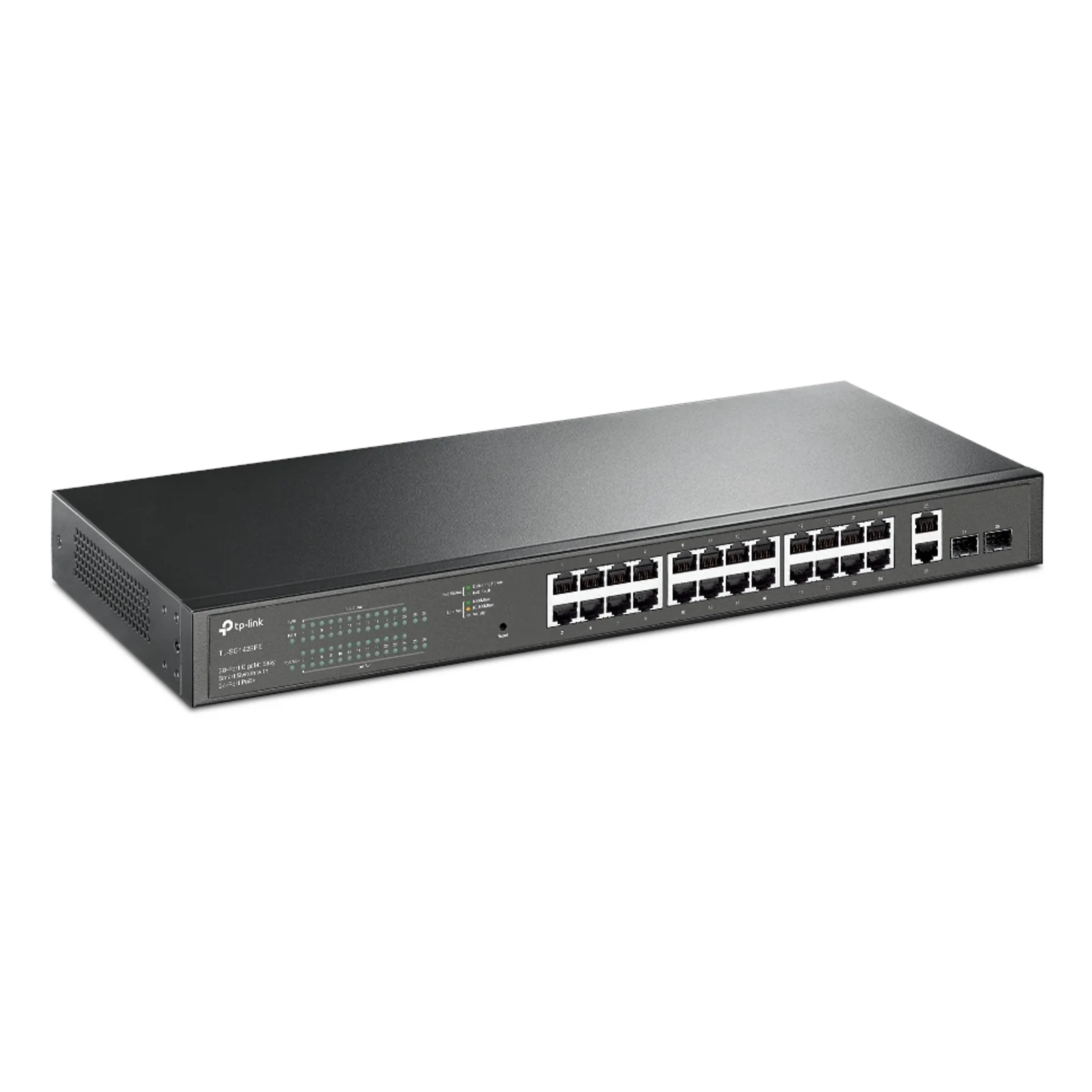 Vue 3/4 avant gauche du TL-SG1428PE, orifices de ventilation latéraux gauches, ports RJ45 et SFP visibles