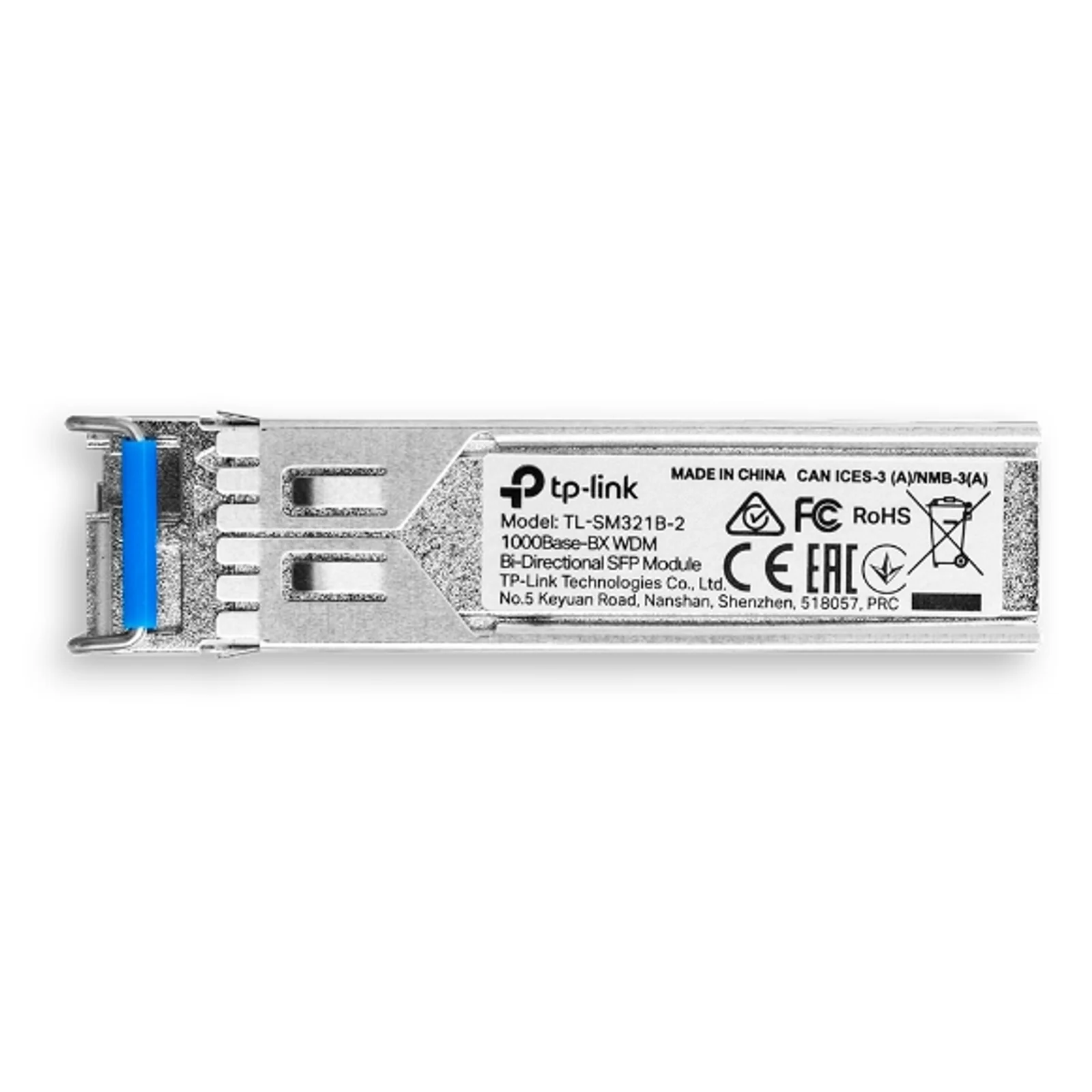 Face étiquette du module SFP TP-Link TL-SM321B-2, inscriptions de certifications FCC, RoHS, CE et EAC visibles sur fond métallique