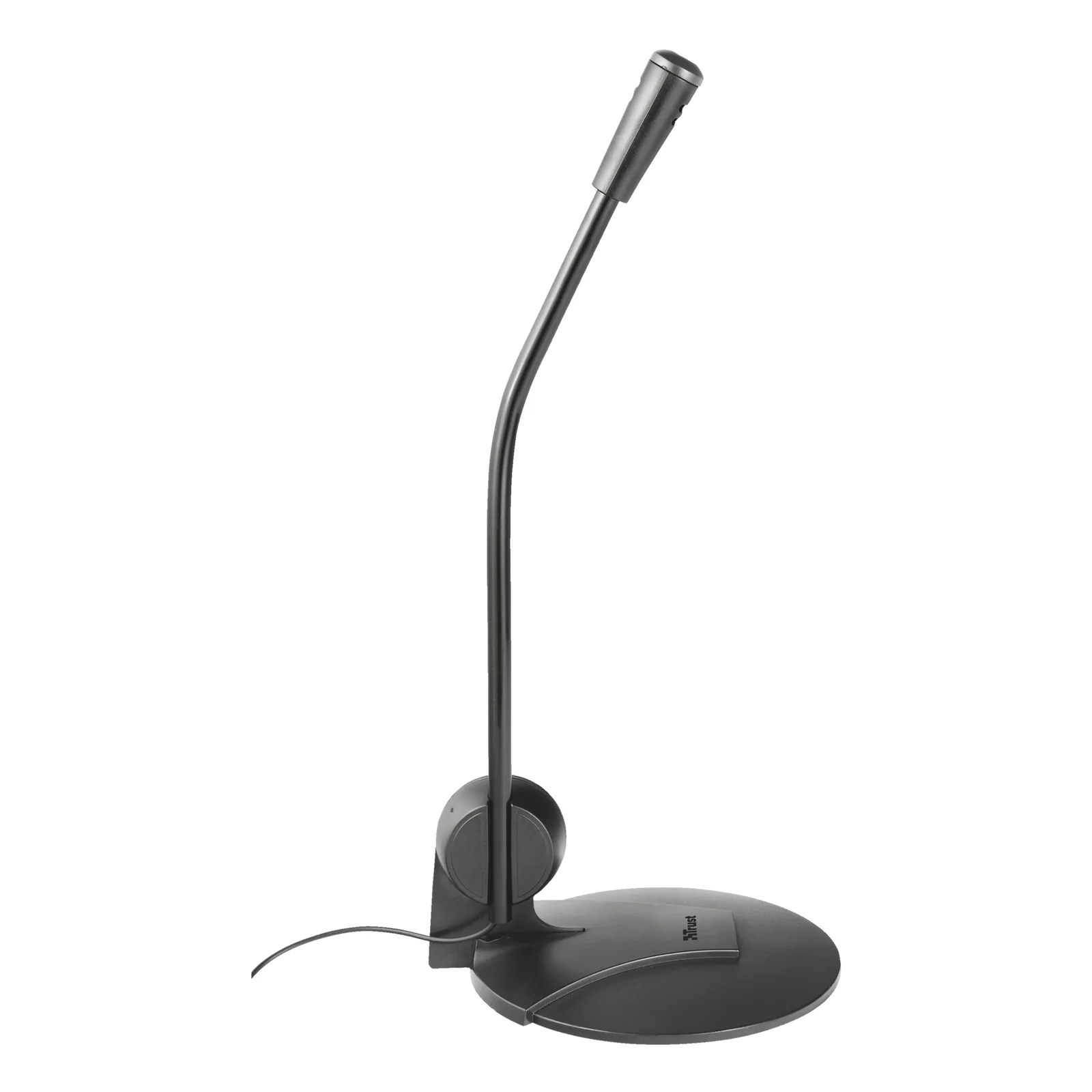 Vue complète du microphone de bureau Trust 21674, socle rond noir, col-de-cygne et câble