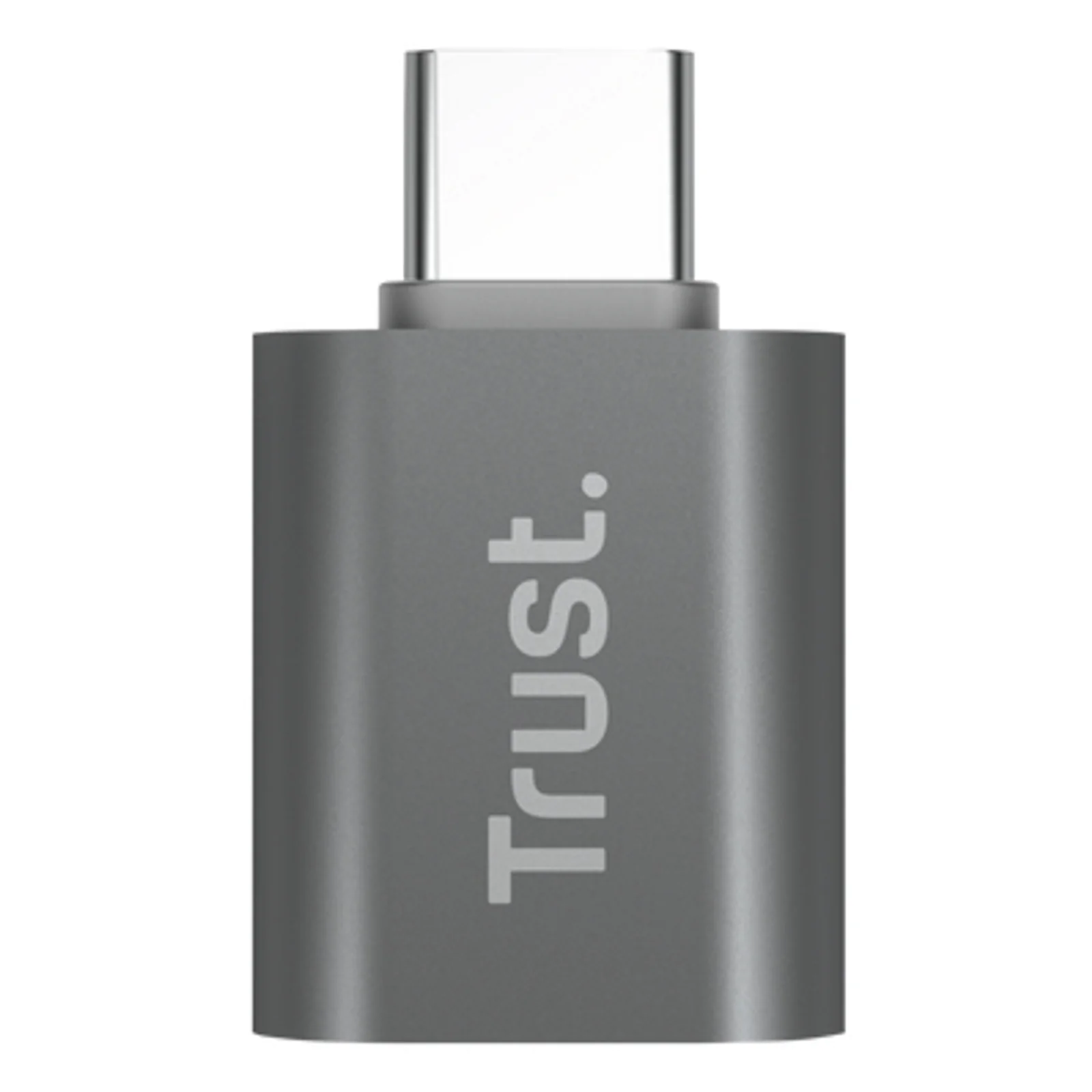 Adaptateur Trust 26221 vue connecteur USB-C mâle, coque argent, logo Trust