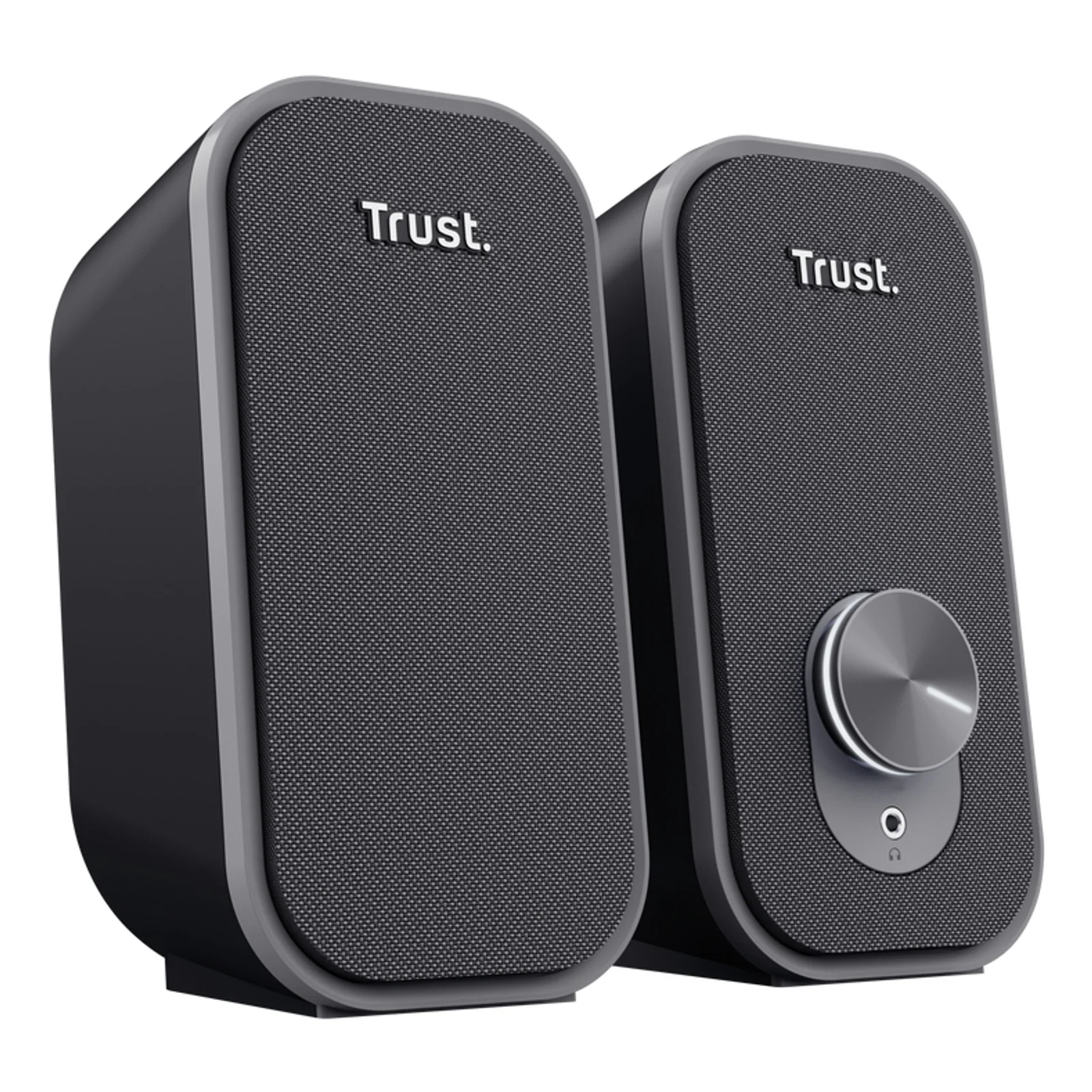 Enceintes Trust Ador 2.0 noires, vue légèrement haute, logo Trust visible sur les deux