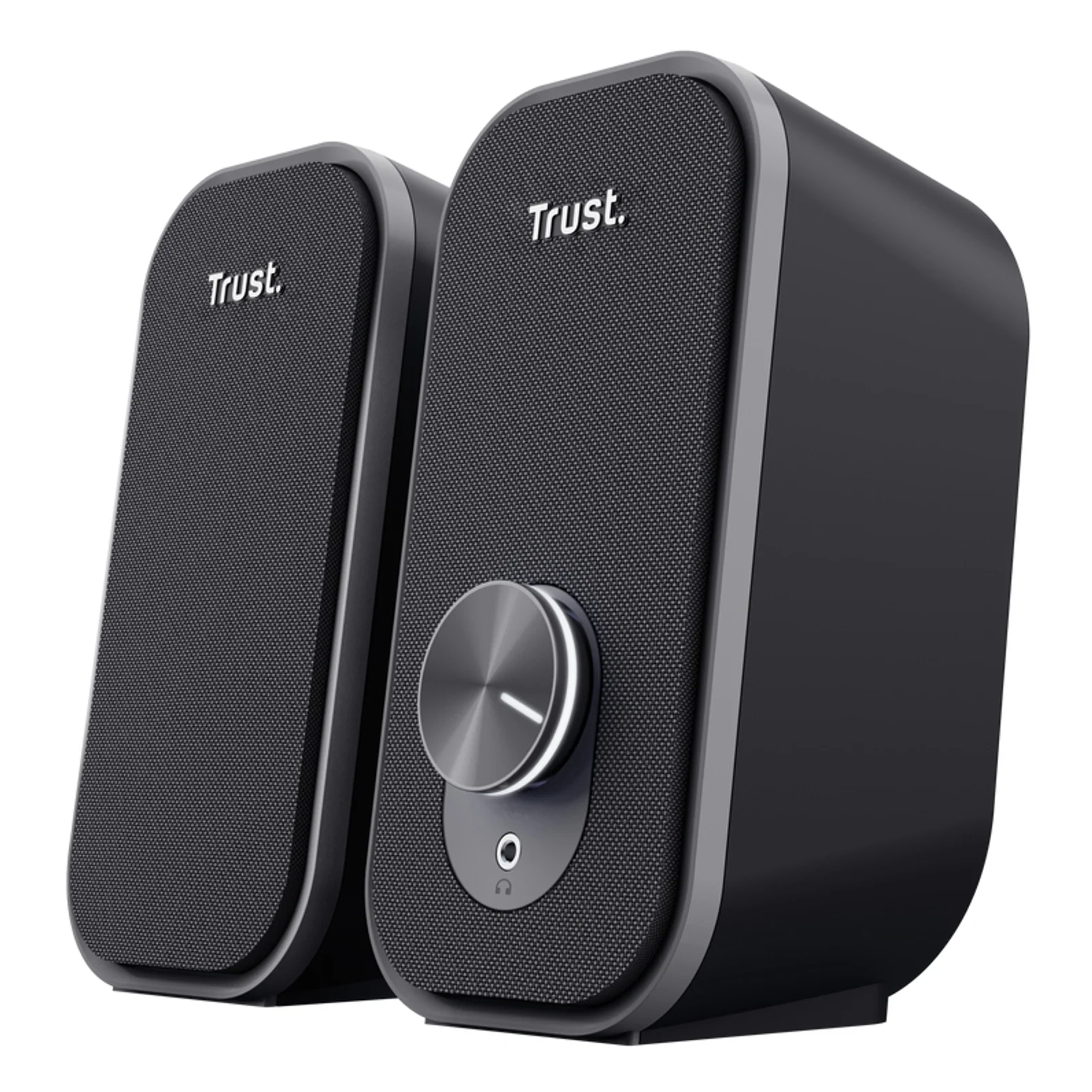 Vue frontale enceintes Trust Ador noires, bouton volume rotatif proéminent
