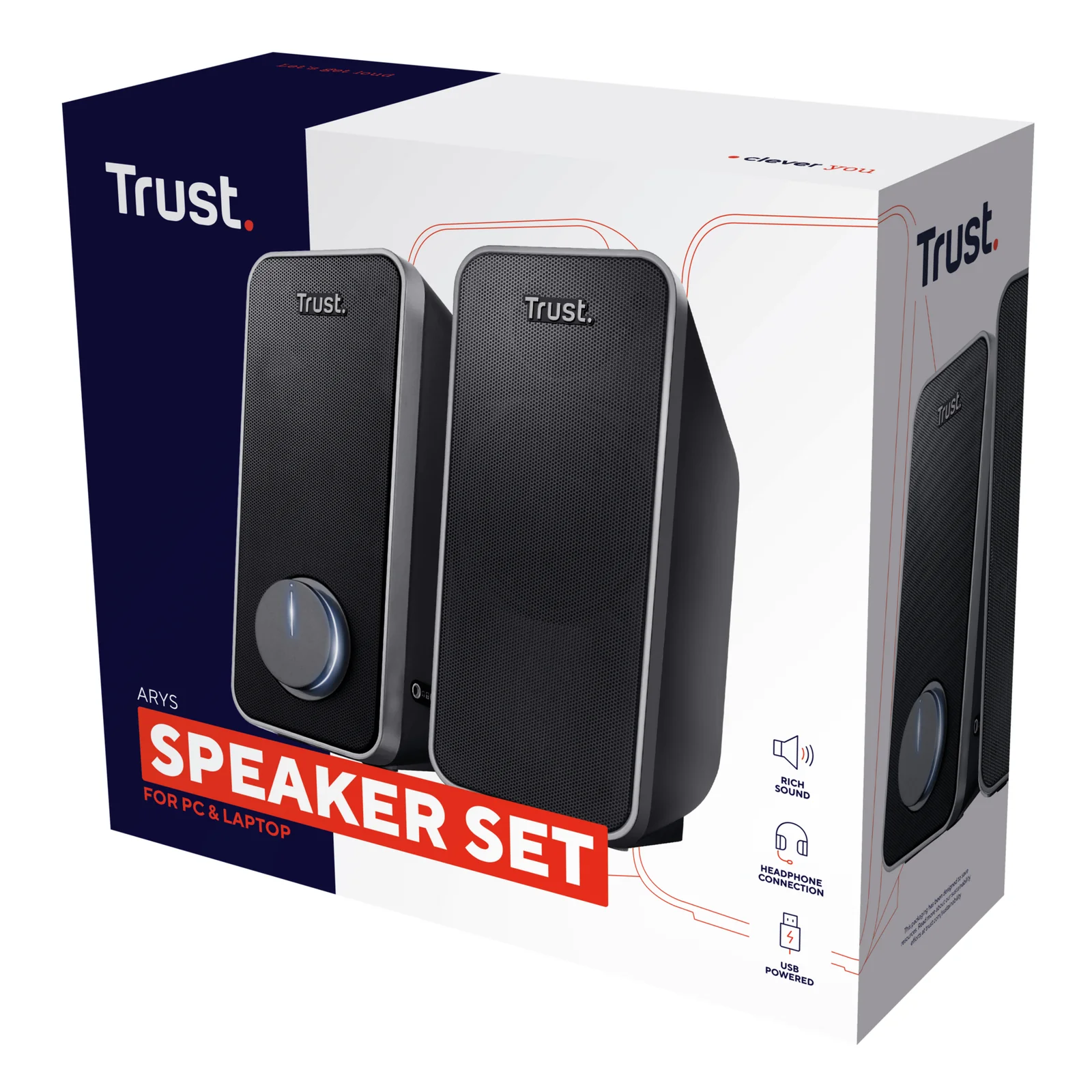 Boîte d'emballage Trust Arys 20179 Speaker Set, fond noir, pictogrammes de compatibilité sur les côtés
