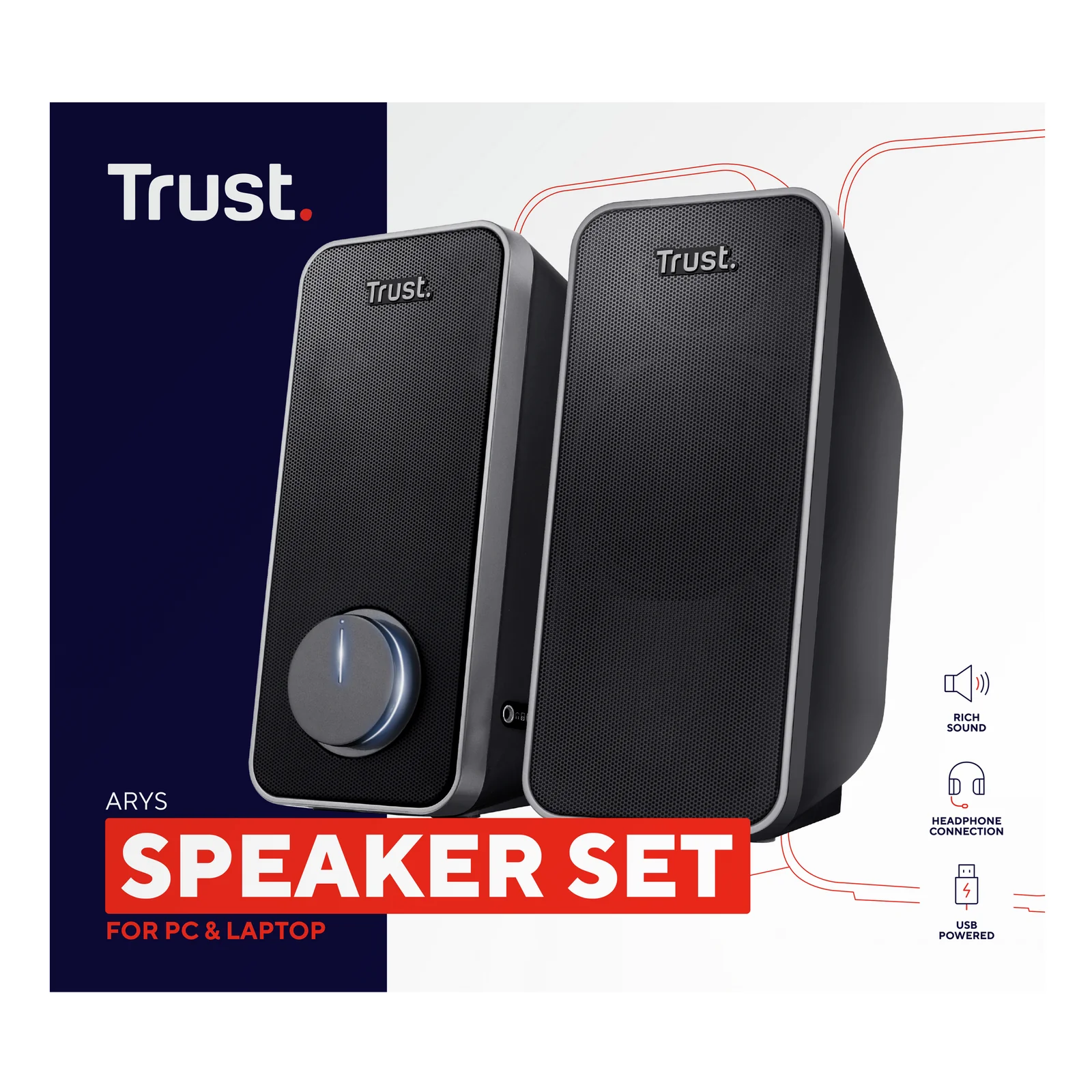Packaging Trust Arys Speaker Set vu de face, texte blanc sur fond noir, pictogrammes à droite
