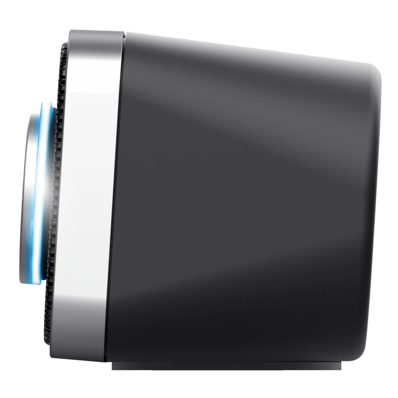 Gros plan profil droit, bouton de volume rotatif avec anneau LED bleu