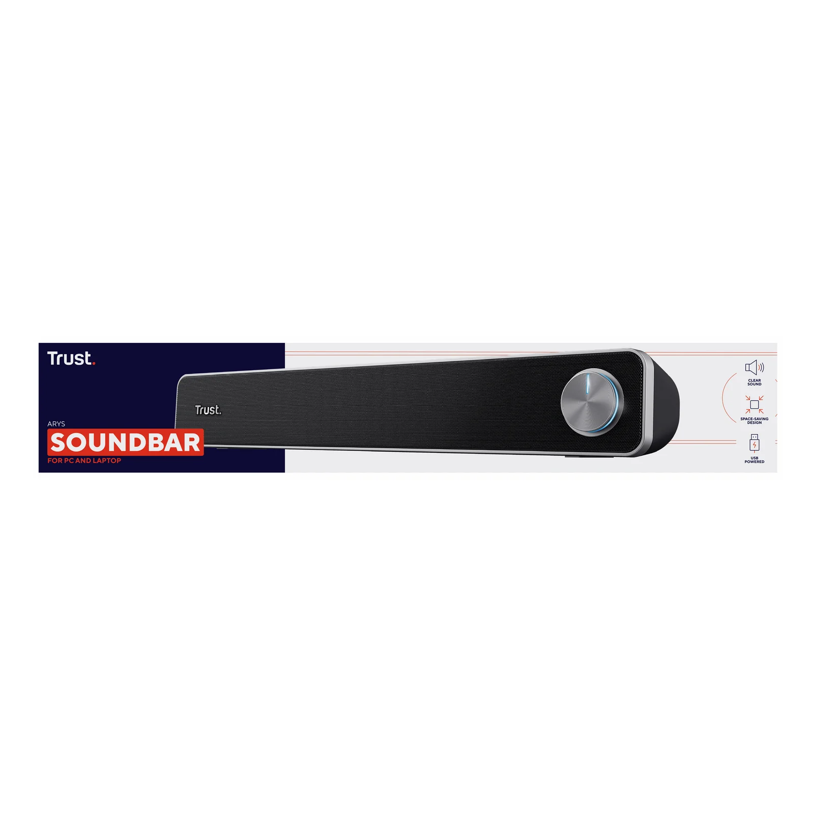 Boîte d'emballage de la Trust Arys Soundbar, fond blanc, logo Trust visible