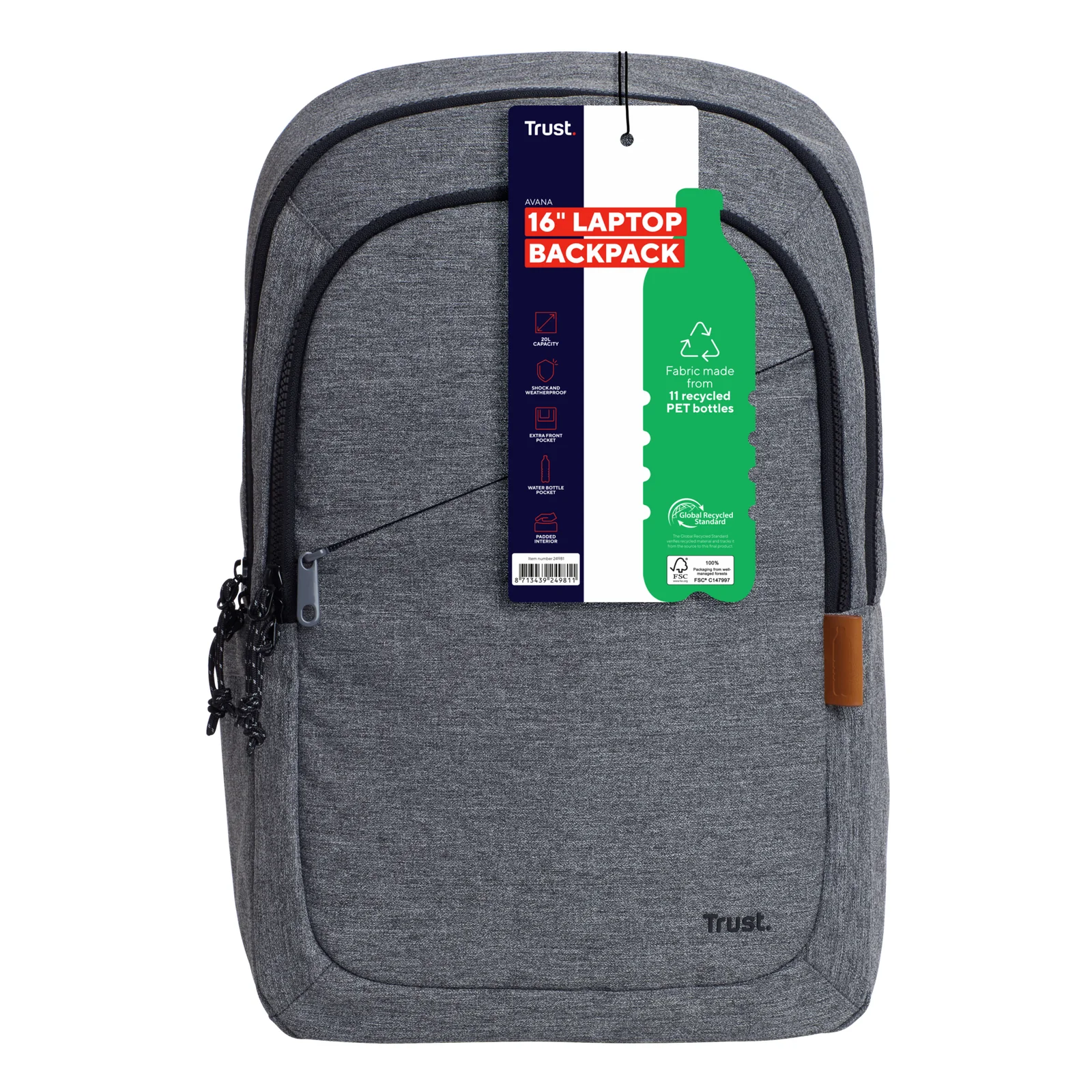 Trust Avana avec étiquette cartonnée indiquant 16 Laptop Backpack et logo matériaux recyclés