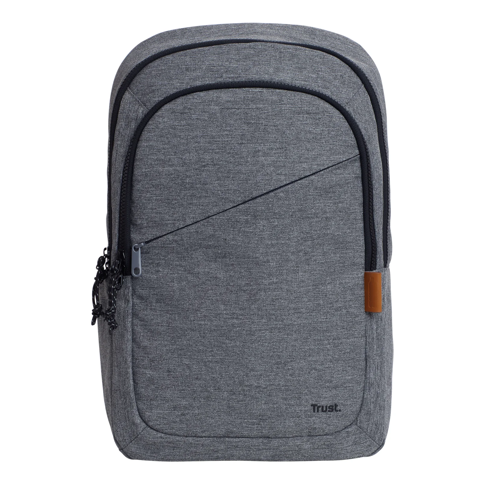 Face avant du sac à dos Trust Avana gris, poche zippée centrale et logo Trust sur tissu polyester texturé