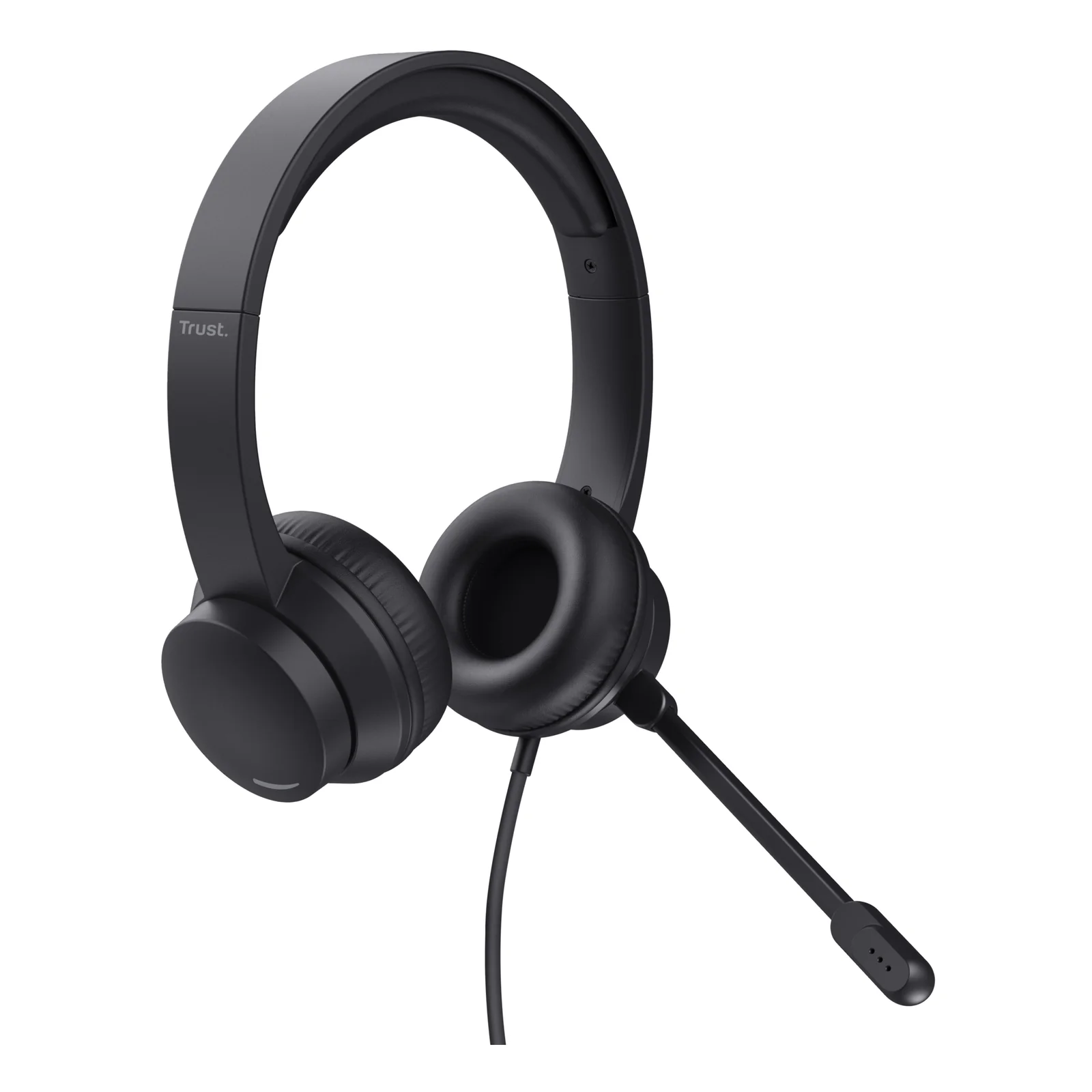 Casque Trust Ayda noir, vue frontale légèrement inclinée, microphone boom orienté vers le bas