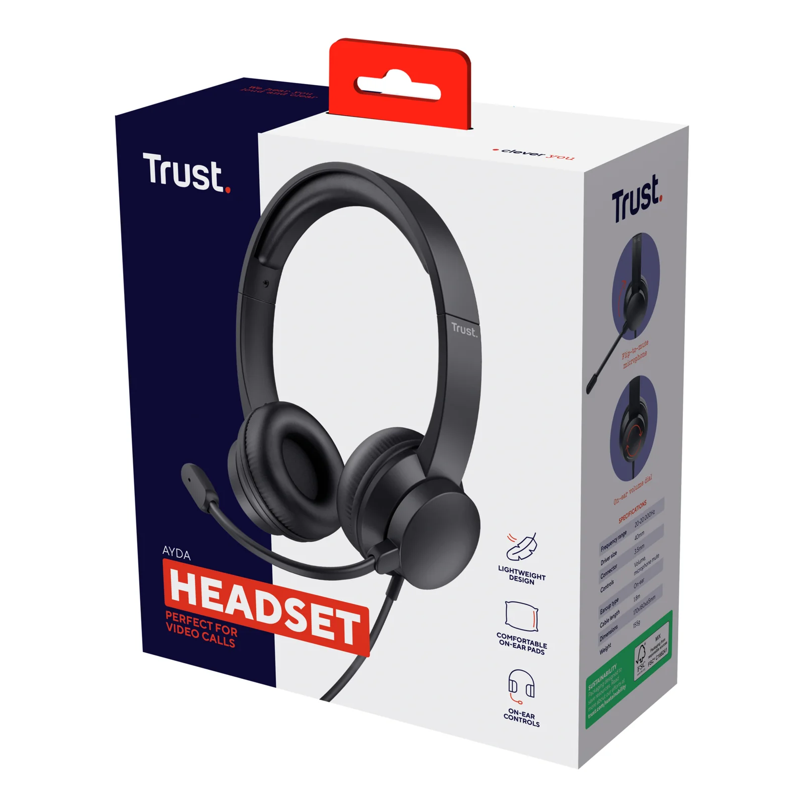 Emballage du casque Trust Ayda, boîte vue de face, fond blanc, texte HEADSET au centre