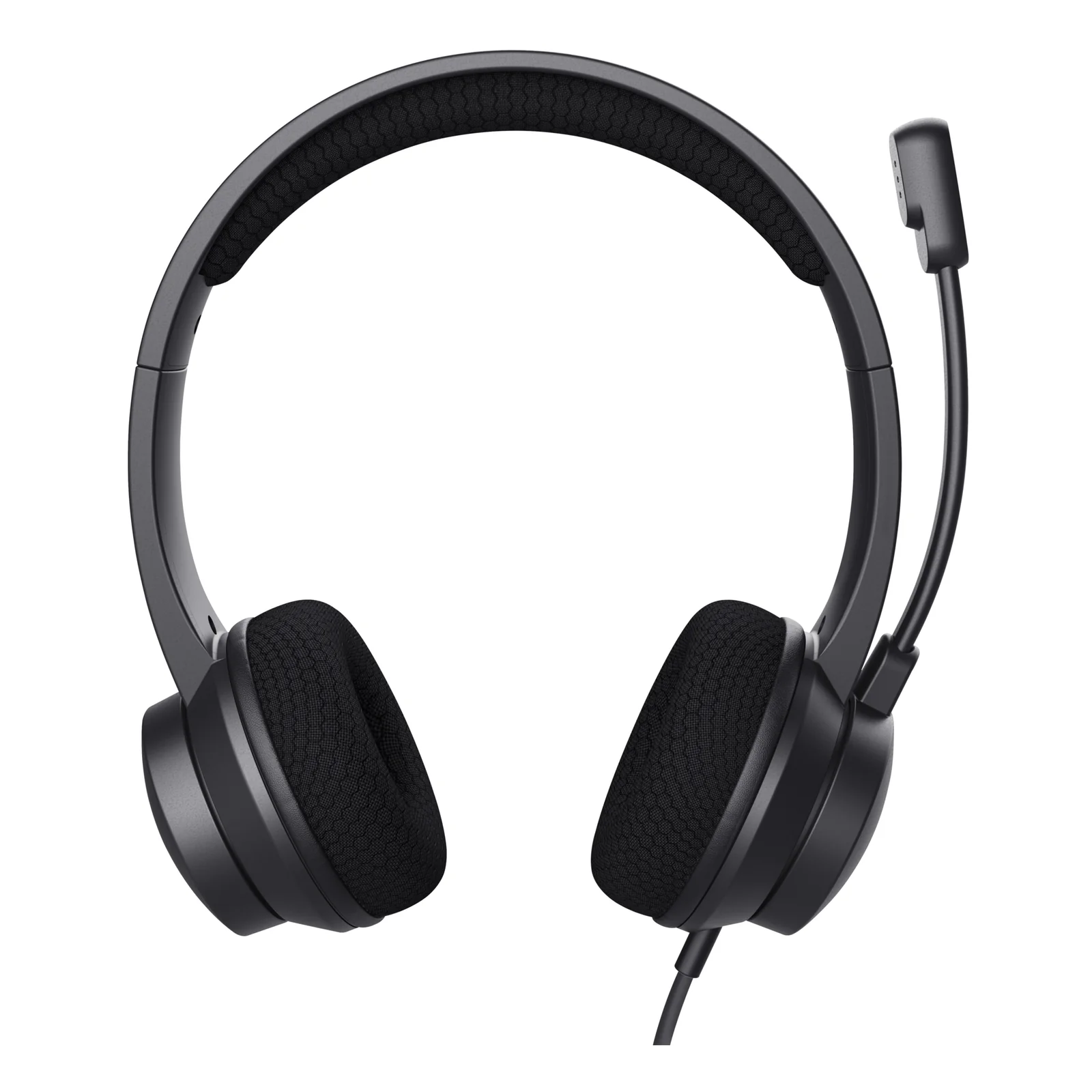 Casque filaire noir, vue légèrement inclinée, micro boom orienté vers le bas, fond blanc
