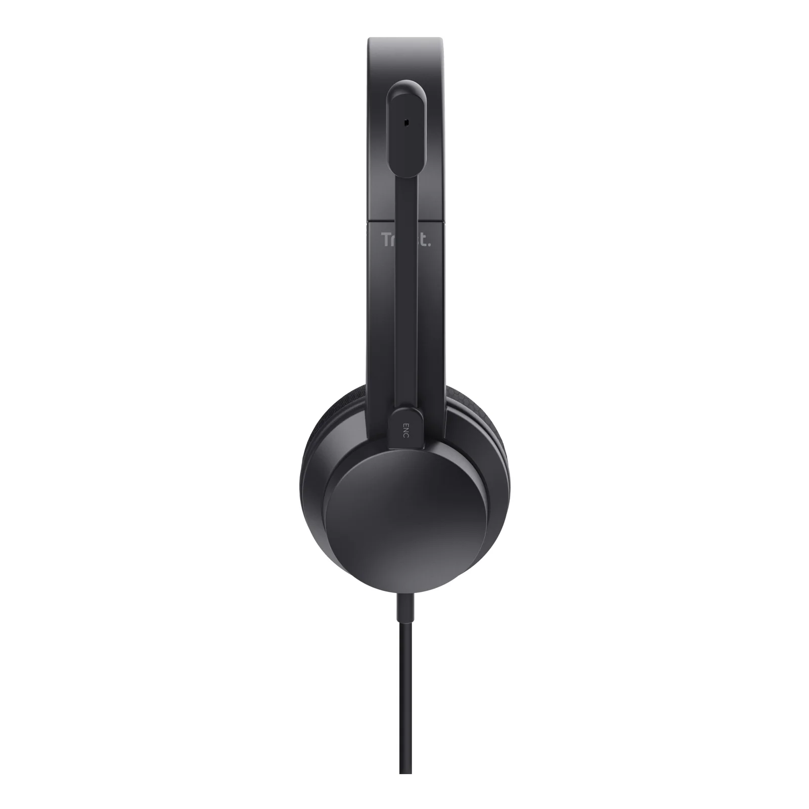 Profil gauche du casque filaire noir, arceau réglable et câble USB descendant