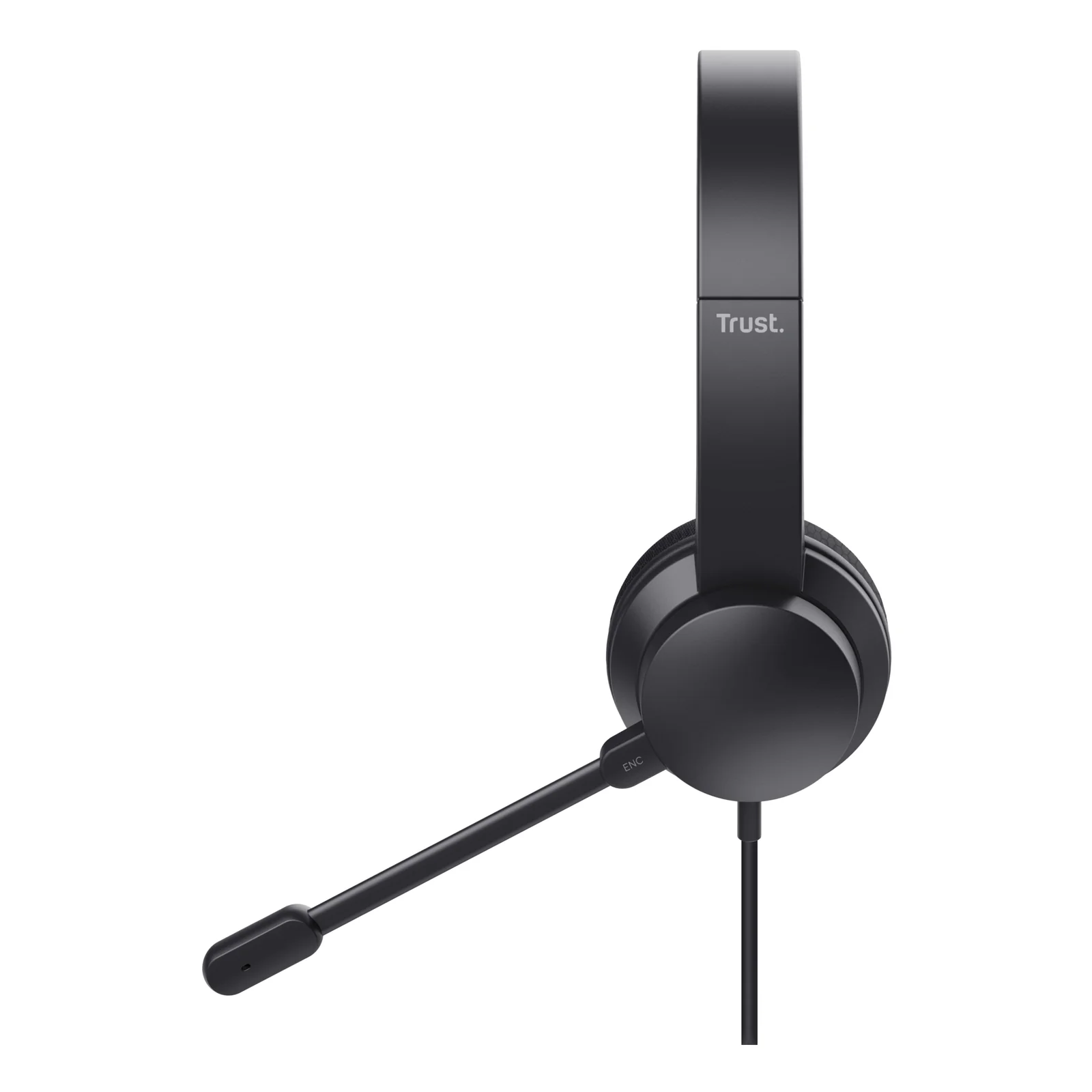 Profil droit du casque filaire noir, perche micro boom en position basse