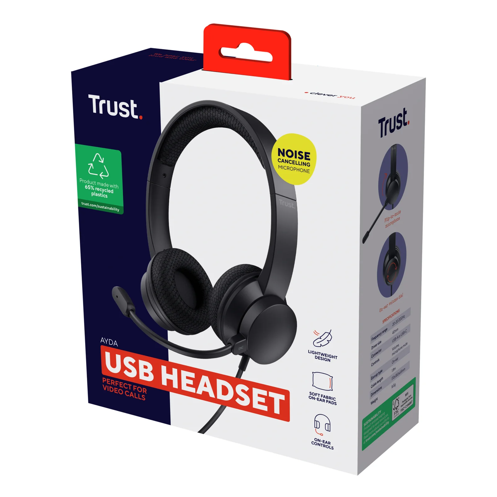 Boîte Trust USB Headset bleu et blanc, mention Noise Cancelling visible sur emballage
