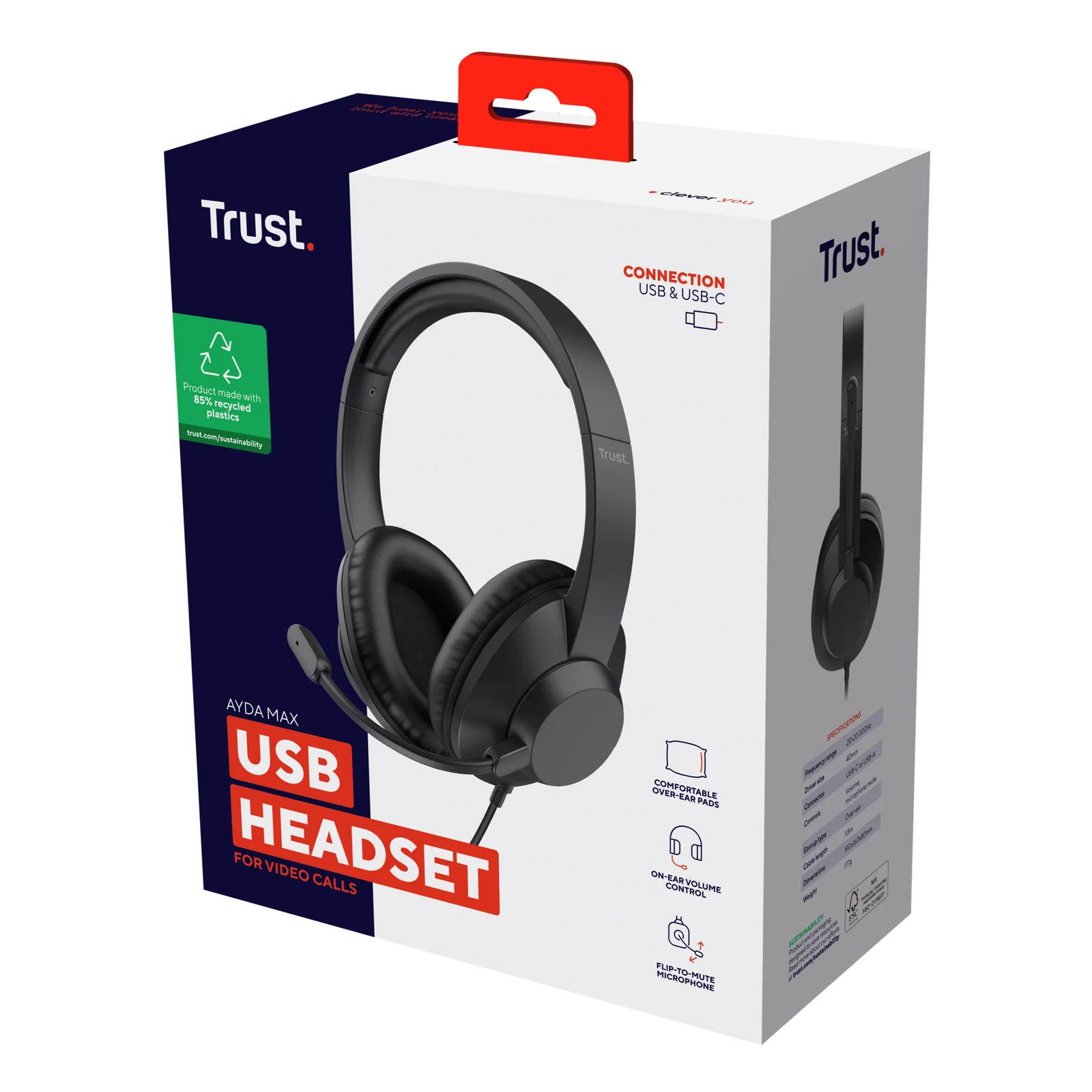 Boîte Trust Ayda Max USB, fond vert, icônes de compatibilité USB-A et USB-C visibles