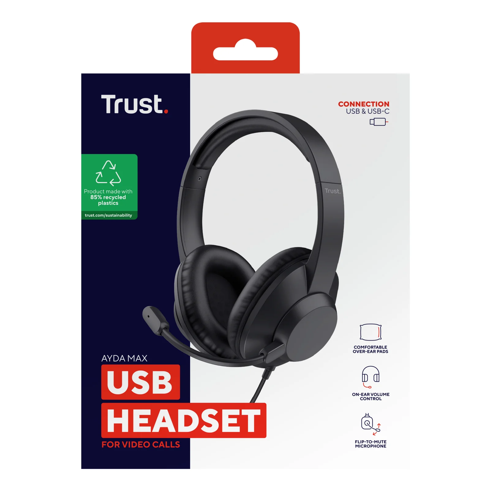 Packaging Trust Ayda Max USB Headset, face avant, mentions USB-A USB-C et compatibilité ordinateur