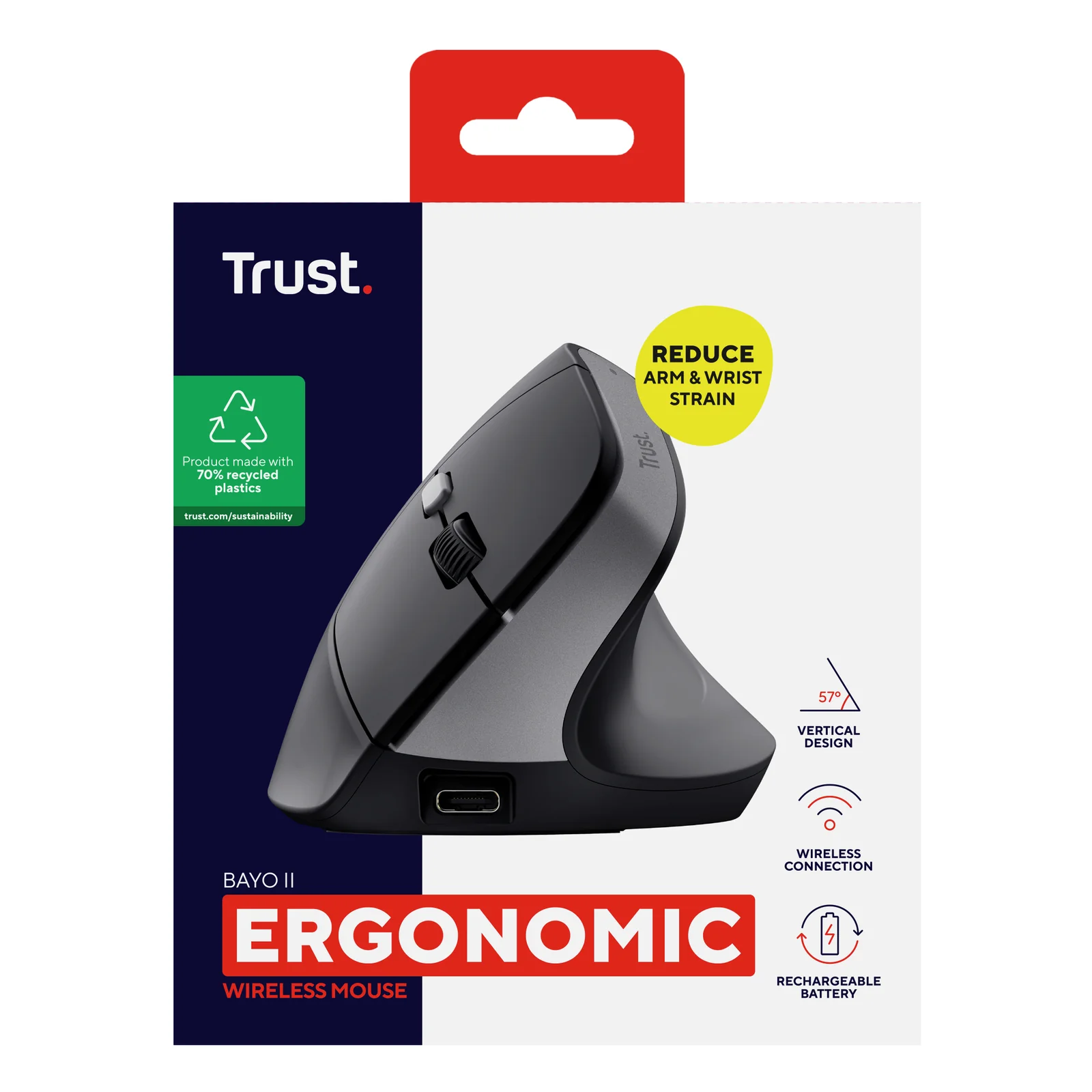 Boîte Trust Bayo II vue packaging, étiquette Reduce et icônes caractéristiques