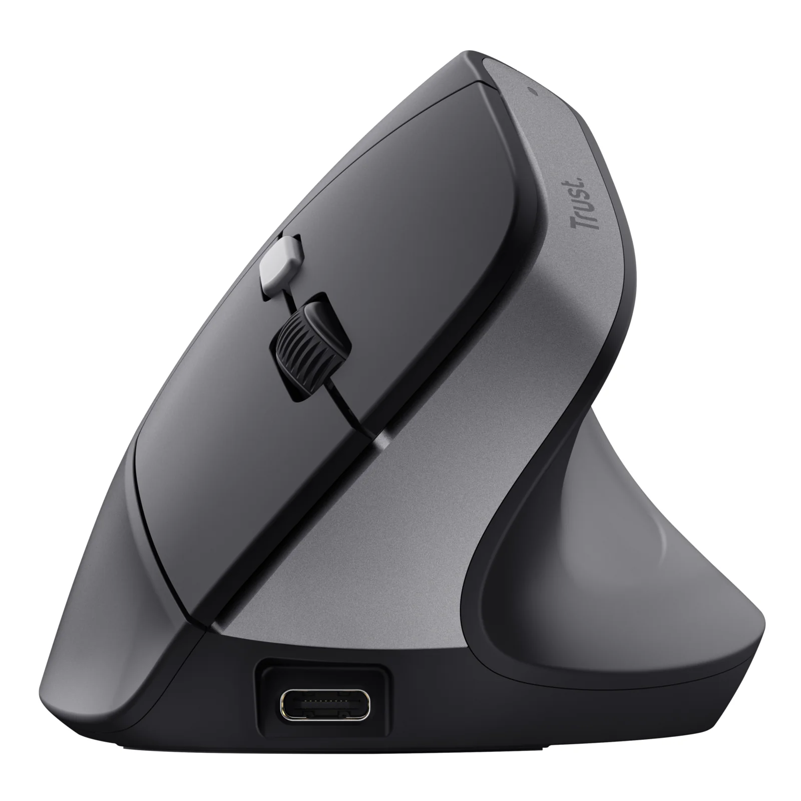 Profil droit, port USB-C visible en bas de la souris Trust Bayo II