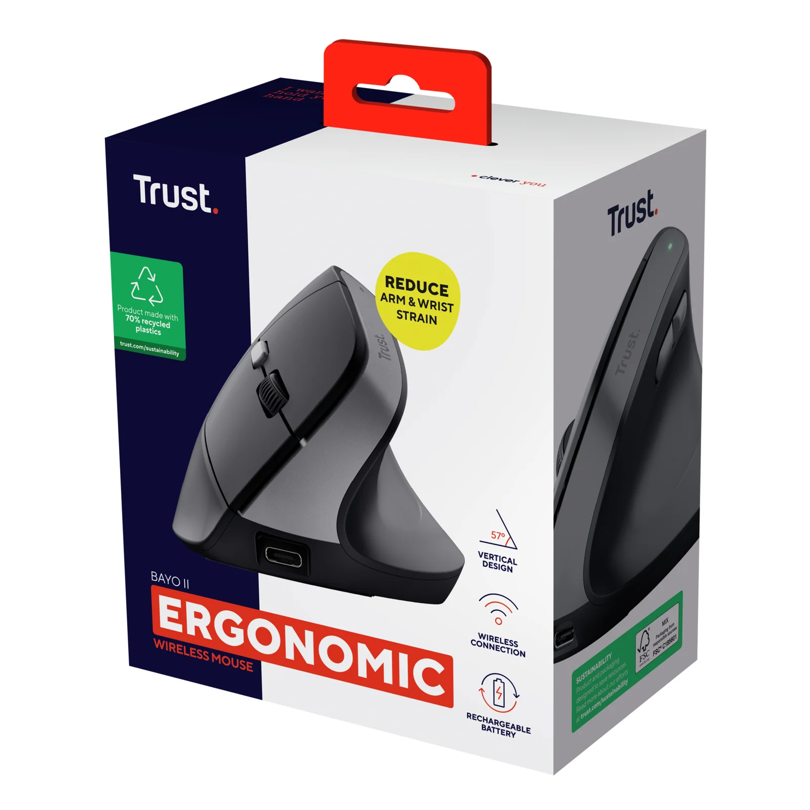 Boîte Trust Bayo II face avant, logo Ergonomic et indicateur de contenu recyclé