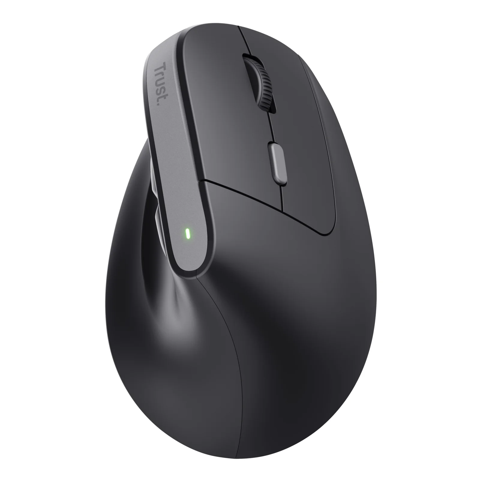 Souris verticale noire, vue de face, profil droit, indicateur LED sur le flanc