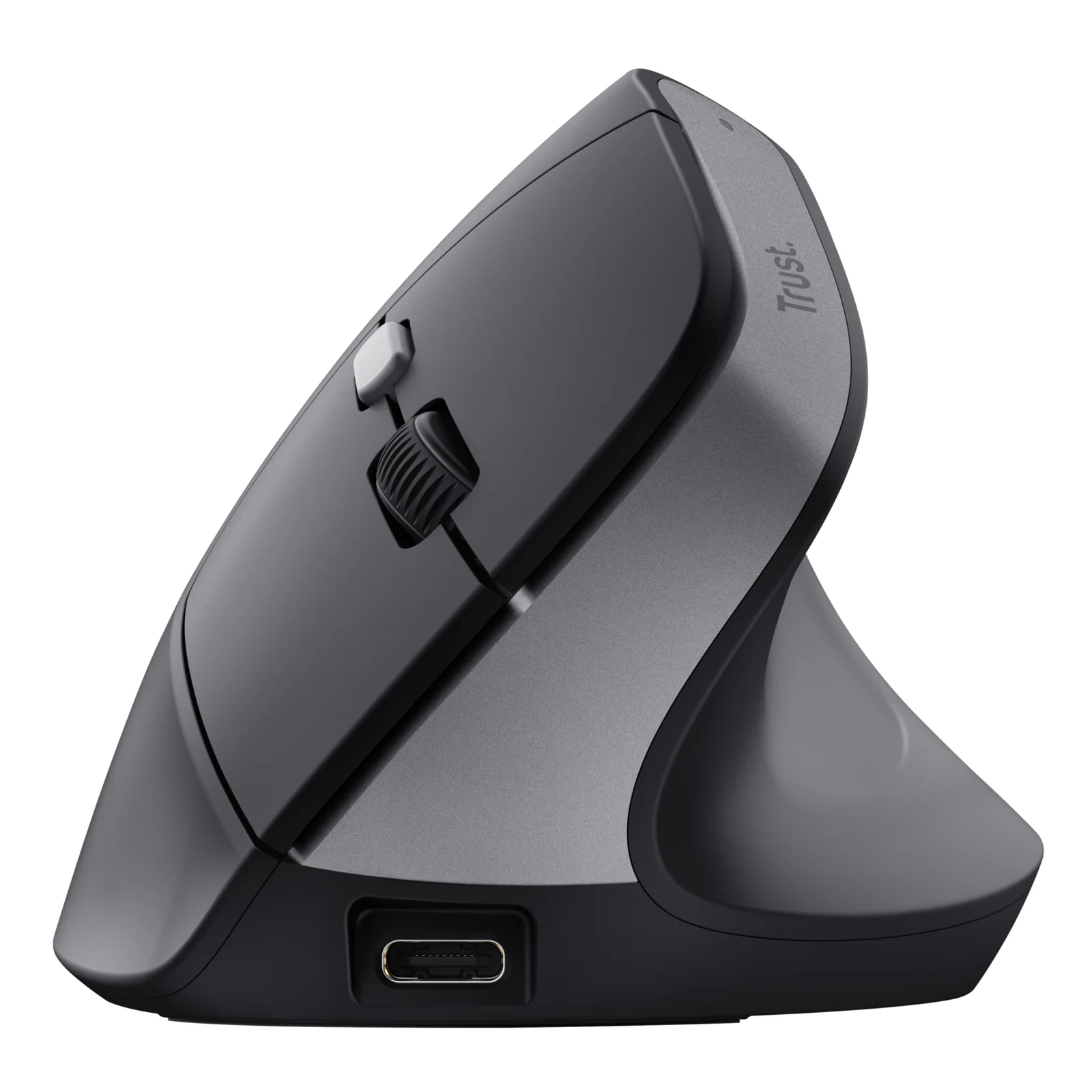 Souris verticale noire Trust Bayo II, vue 3/4 droite, port USB-C et logo Trust visibles