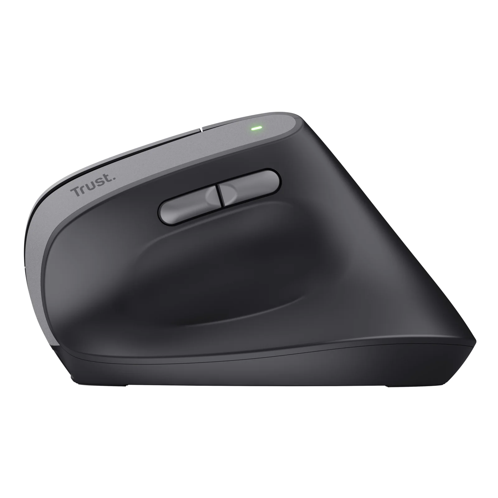 Souris verticale noire, vue 3/4 avant surélevée, boutons latéraux pouce et molette de défilement visibles