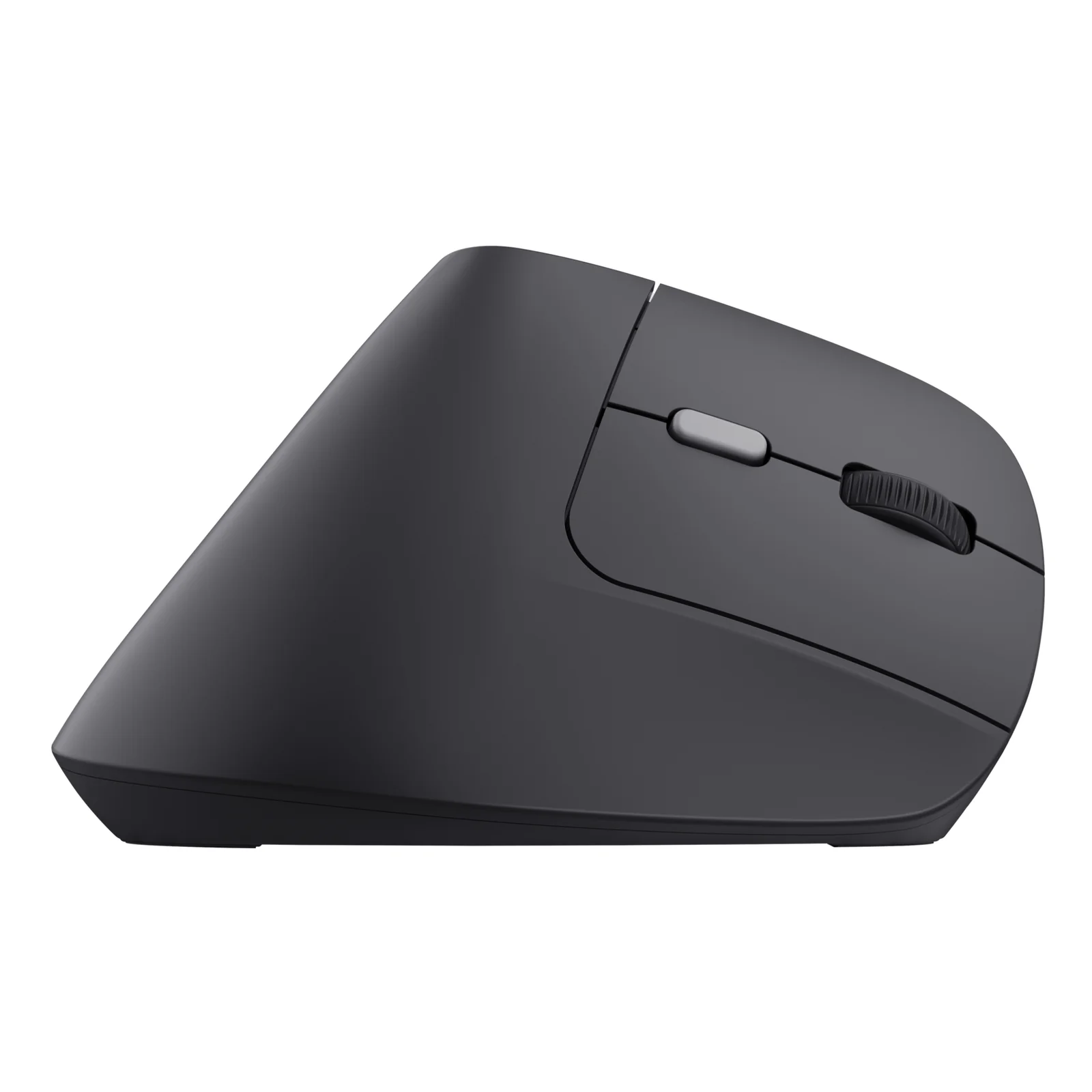 Souris verticale noire, vue de dessus inclinée, coque noire lisse et molette centrale