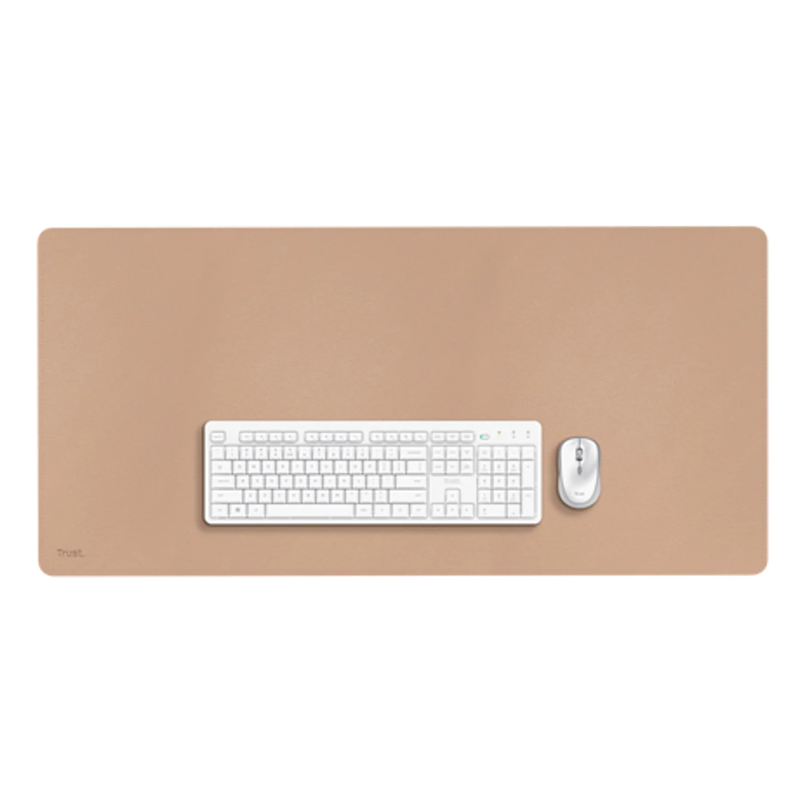 Sous-main Trust Benya XXL avec clavier et souris blancs posés dessus, vue de dessus